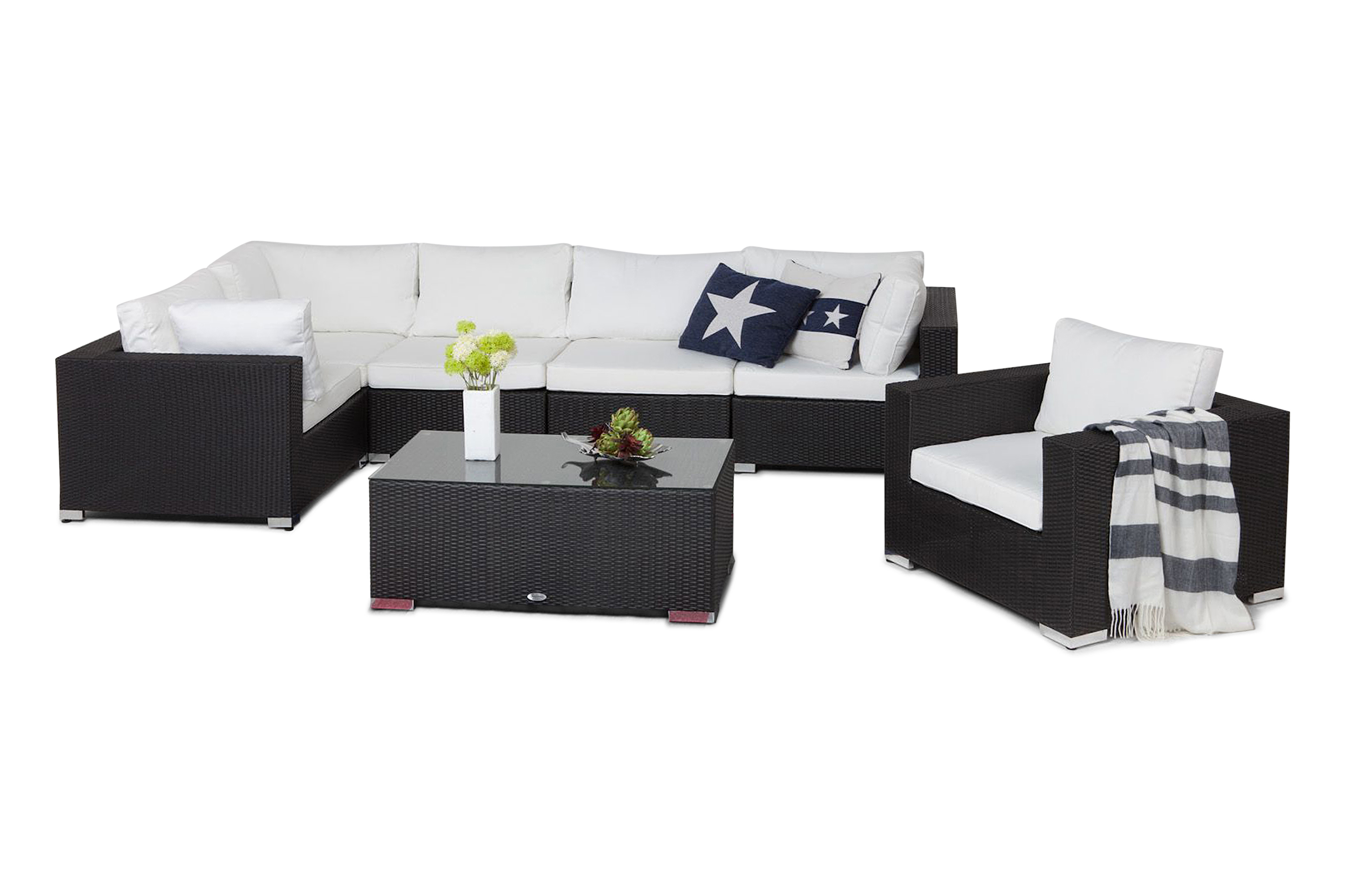 Bahamas Stor loungegrupp utomhus Soffgrupp till uteplats 6-sits Loungeset konstrotting utemöbler Mörk Vita dynor Glas