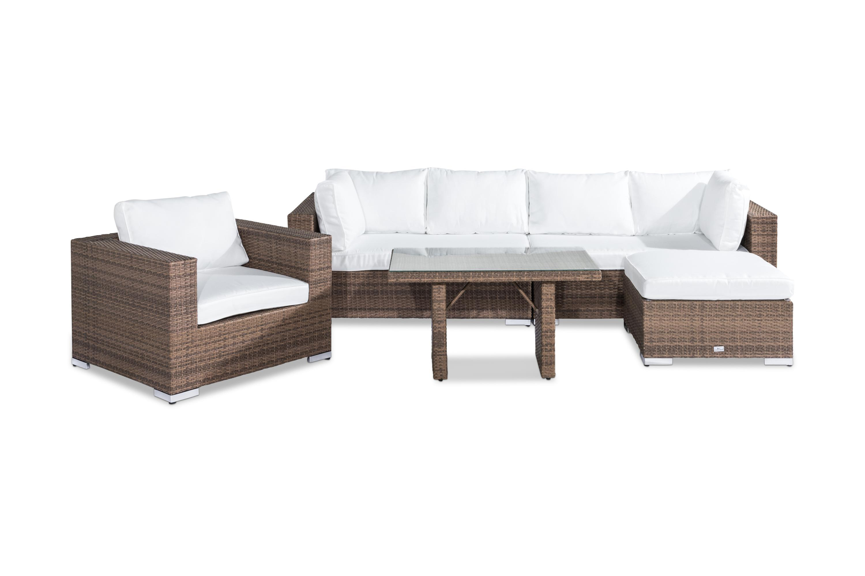 Bahamas Stor loungegrupp utomhus Soffgrupp till uteplats 6-sits Loungeset konstrotting utemöbler Mörkbeige Sand Vita dynor