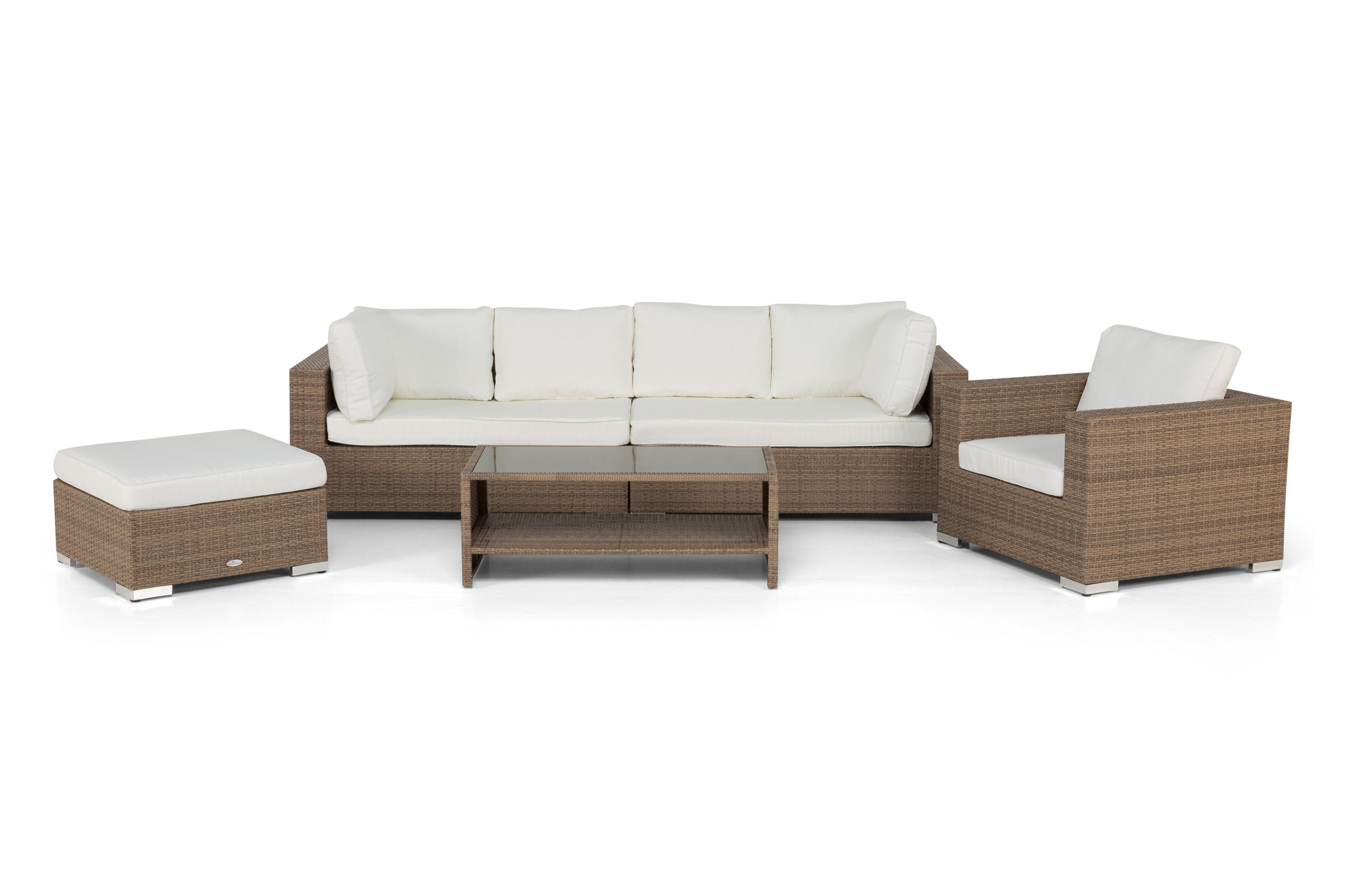Bahamas Stor loungegrupp utomhus Soffgrupp till uteplats 6-sits Loungeset konstrotting utemöbler Sand Beige Brun med Vita dynor