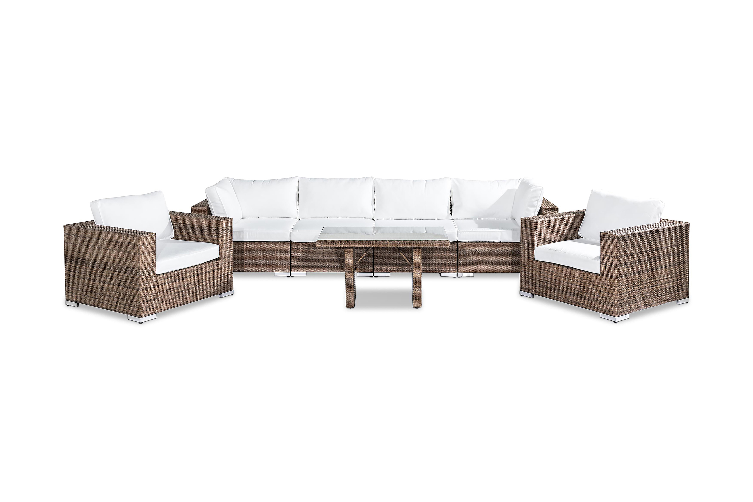Bahamas Stor loungegrupp utomhus Soffgrupp till uteplats 6-sits Loungeset konstrotting utemöbler Sand Brun Vita dynor