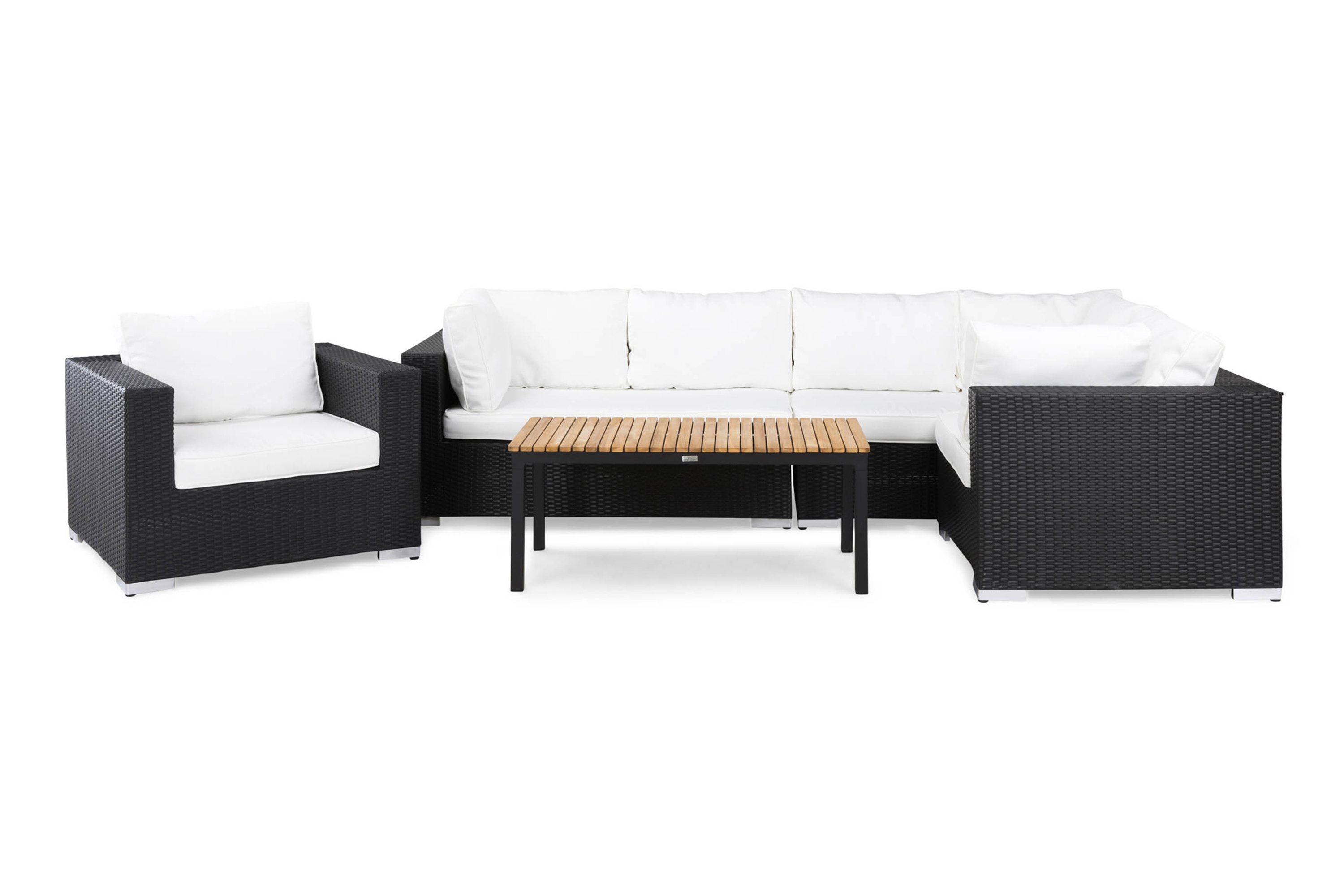 Bahamas Stor loungegrupp utomhus Soffgrupp till uteplats 6-sits Loungeset konstrotting utemöbler Svart Teak Vita dynor