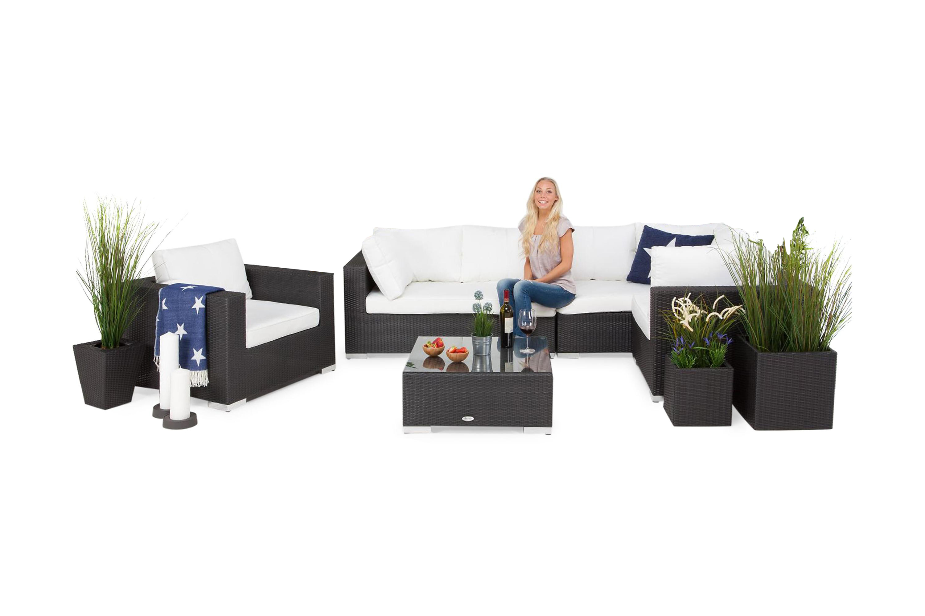 Bahamas Stor loungegrupp utomhus Soffgrupp till uteplats 6-sits Loungeset konstrotting utemöbler Svart Vita dynor