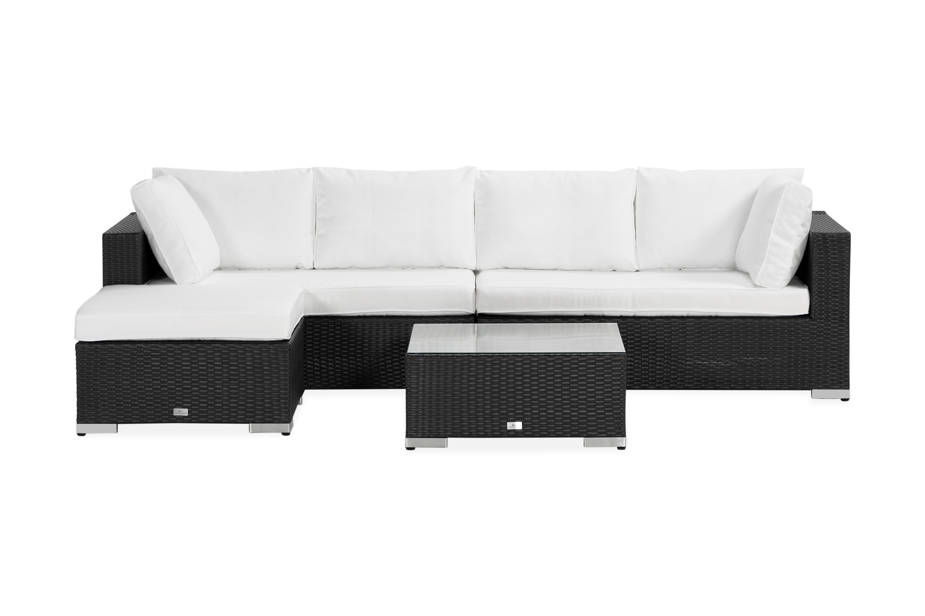 Bahamas Stor loungegrupp utomhus Soffgrupp till uteplats 6-sits Loungeset L-soffa konstrotting utemöbler Mörk Vita dynor