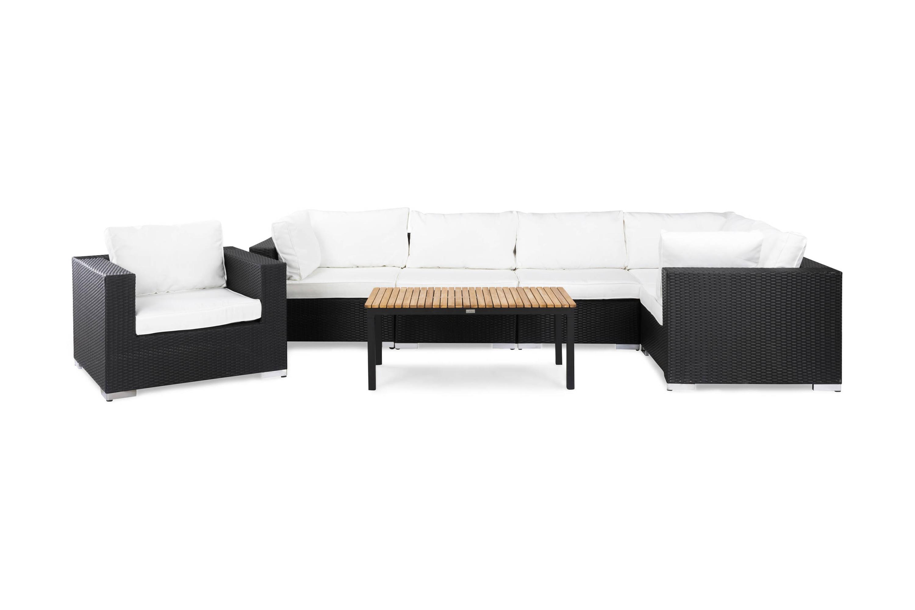 Bahamas Stor loungegrupp utomhus Soffgrupp till uteplats 6-sits Loungeset med bord i konstrotting utemöbler Svart Vita dynor Ljust trä