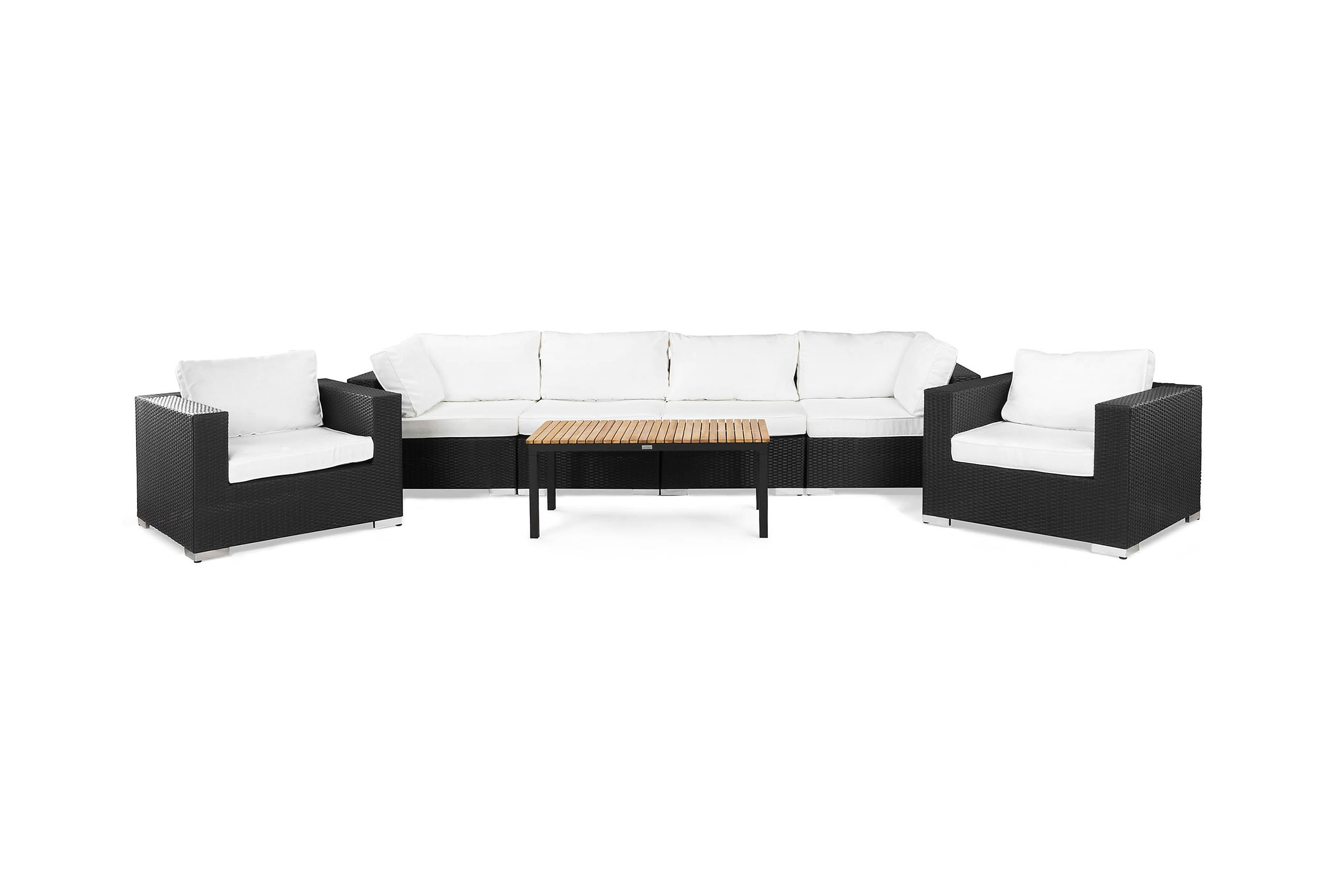 Bahamas Stor loungegrupp utomhus Soffgrupp till uteplats 6-sits Loungeset med bord konstrotting utemöbler Svart Vita dynor Ljust trä