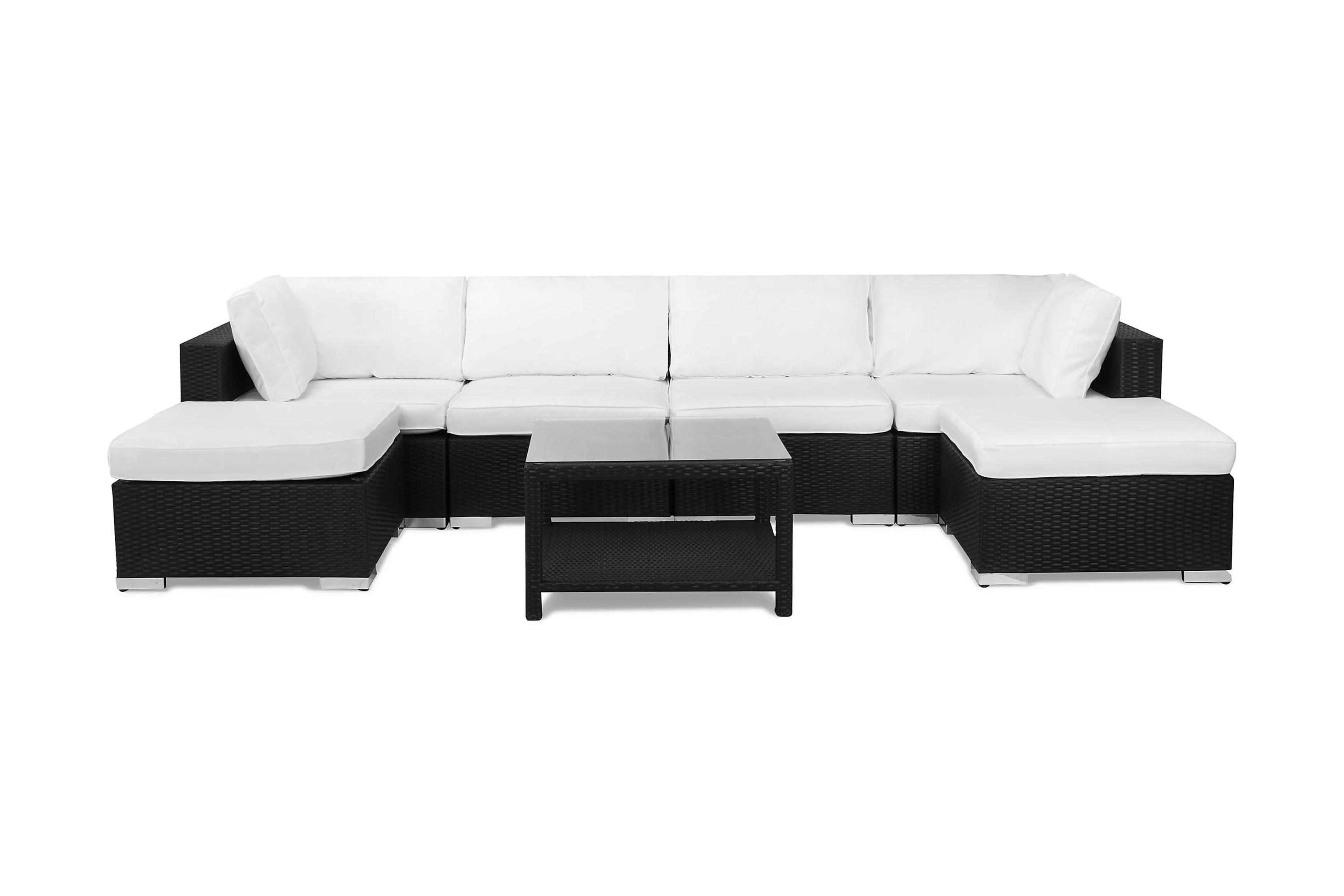 Bahamas Stor loungegrupp utomhus Soffgrupp till uteplats 6-sits Loungeset U-soffa konstrotting utemöbler Svart Vita dynor