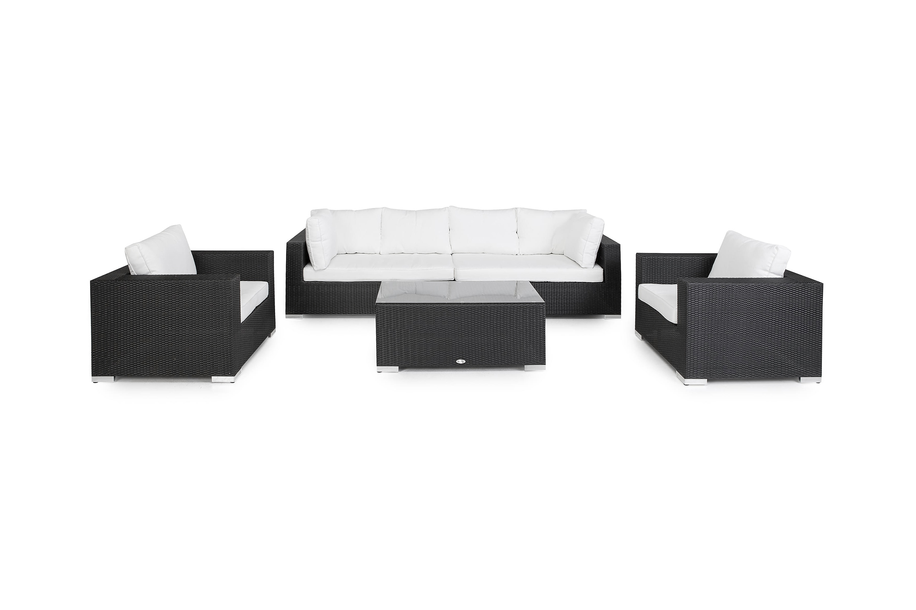 Bahamas Stor loungegrupp utomhus Soffgrupp till uteplats 6-sits Stort loungeset konstrotting utemöbler Svart Vita dynor