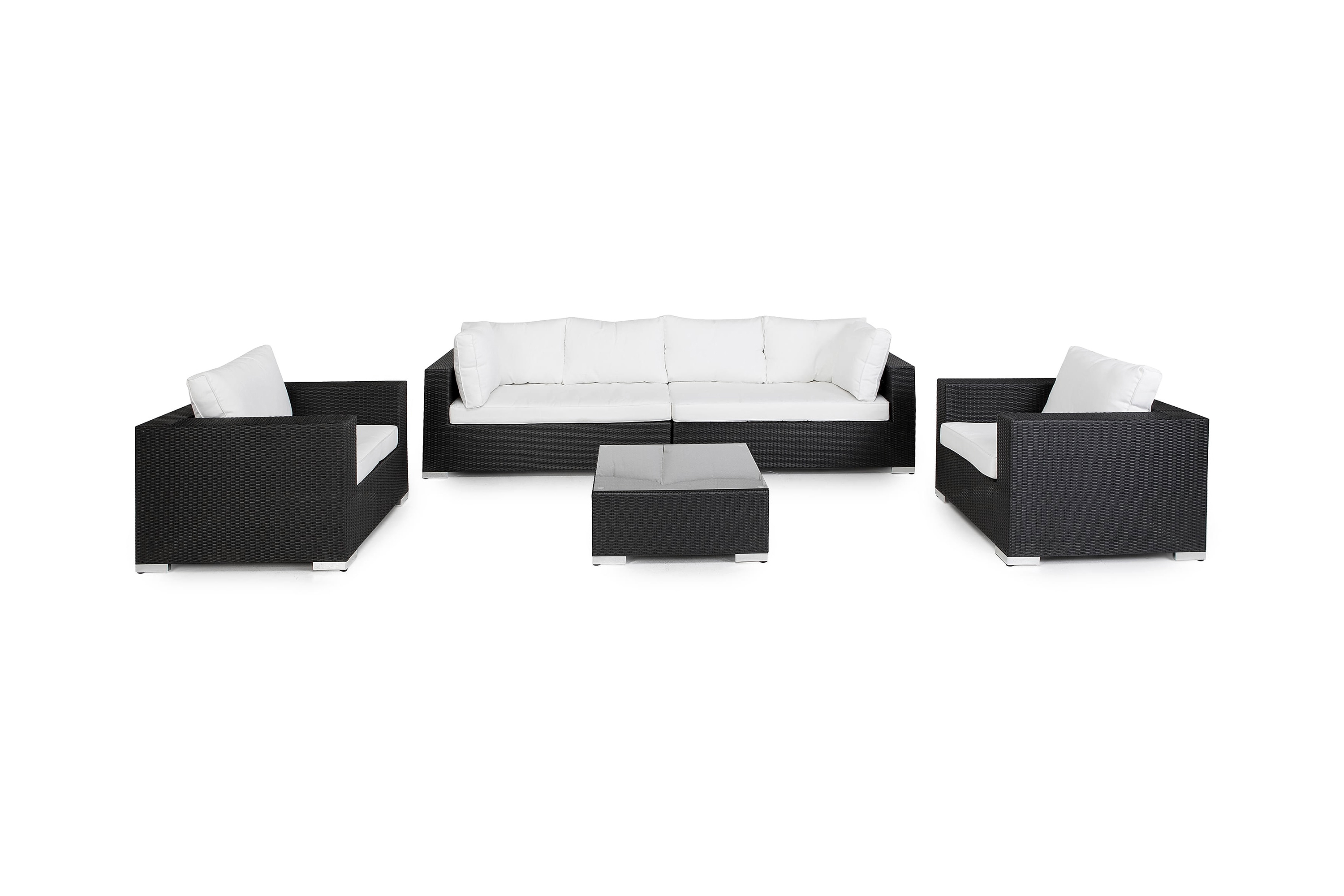 Bahamas Stor loungegrupp utomhus Soffgrupp till uteplats 7-sits Loungeset konstrotting utemöbler Svart Vita dynor