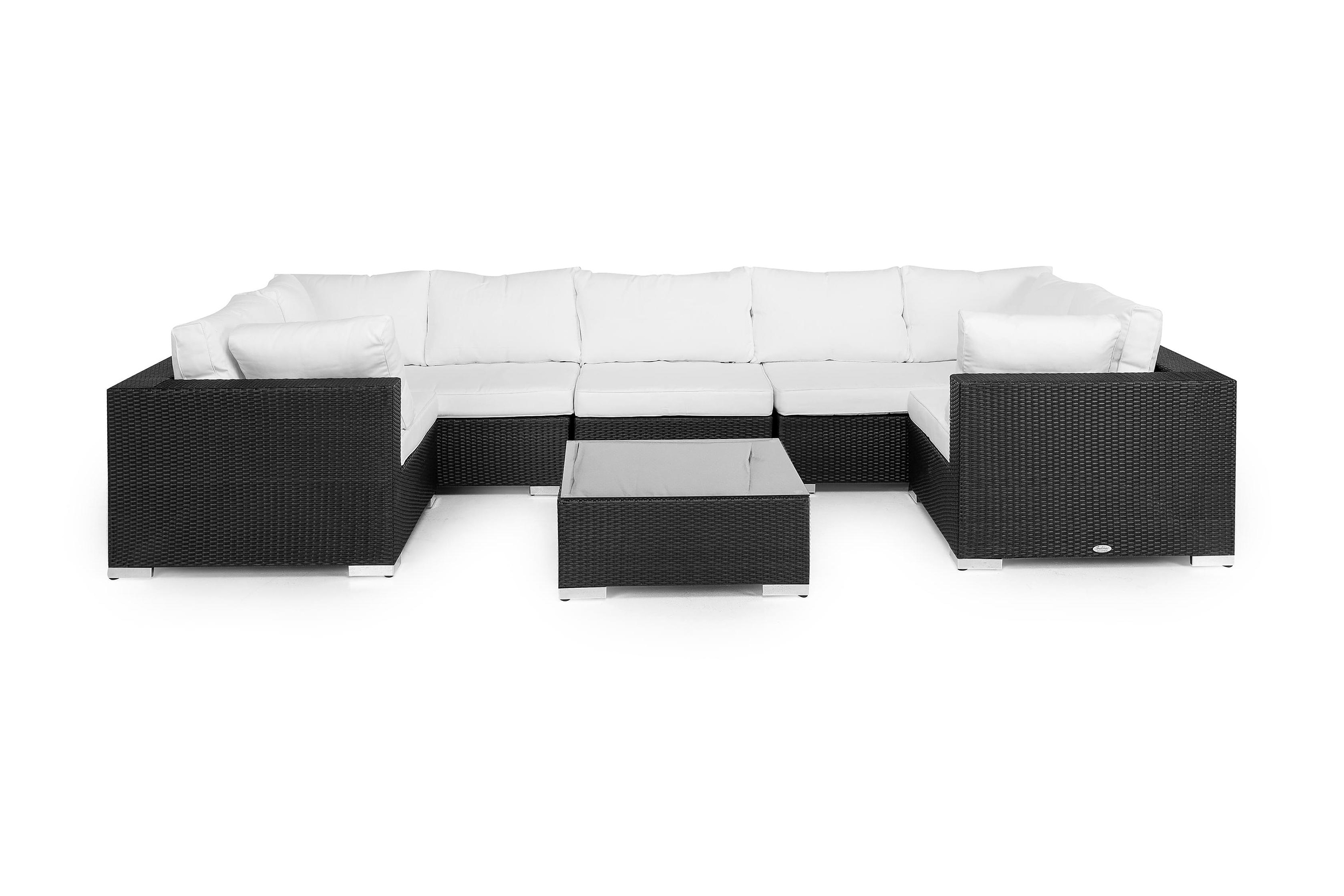 Bahamas Stor loungegrupp utomhus Soffgrupp till uteplats 8-sits Loungeset konstrotting utemöbler Svart Vita dynor