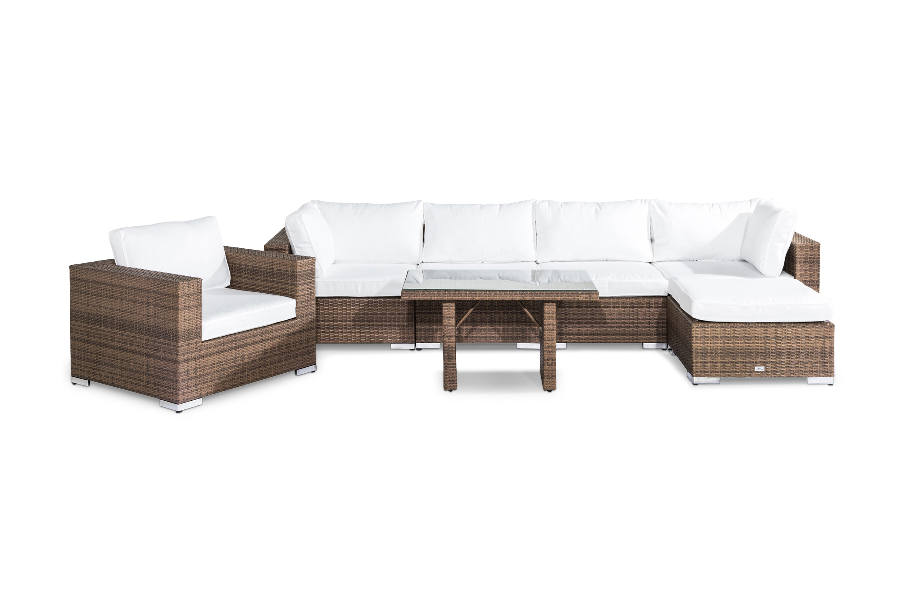 Bahamas Stor loungegrupp utomhus Soffgrupp till uteplatsen 6-sits Loungeset konstrotting utemöbler Brun Vita dynor