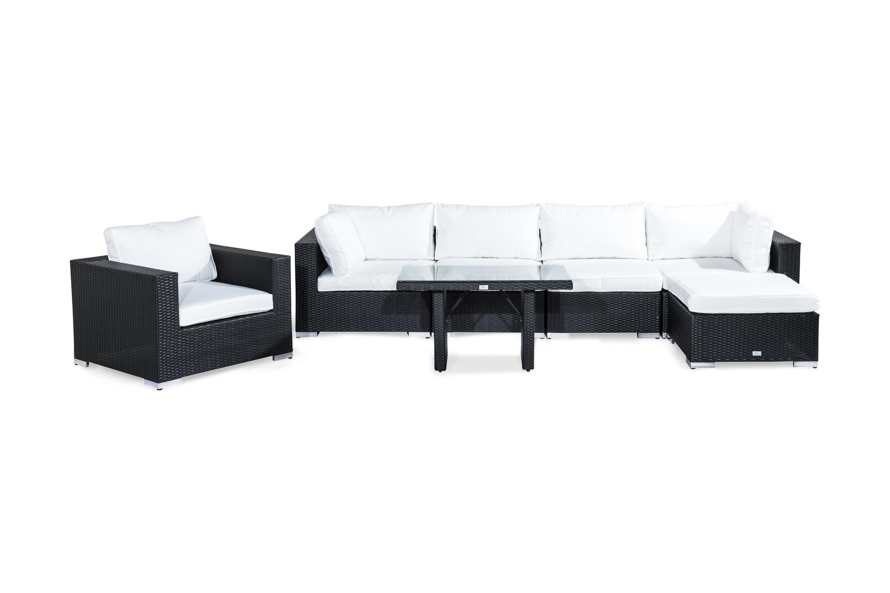 Bahamas Stor loungegrupp utomhus Soffgrupp till uteplatsen 6-sits Loungeset konstrotting utemöbler Svart Vita dynor