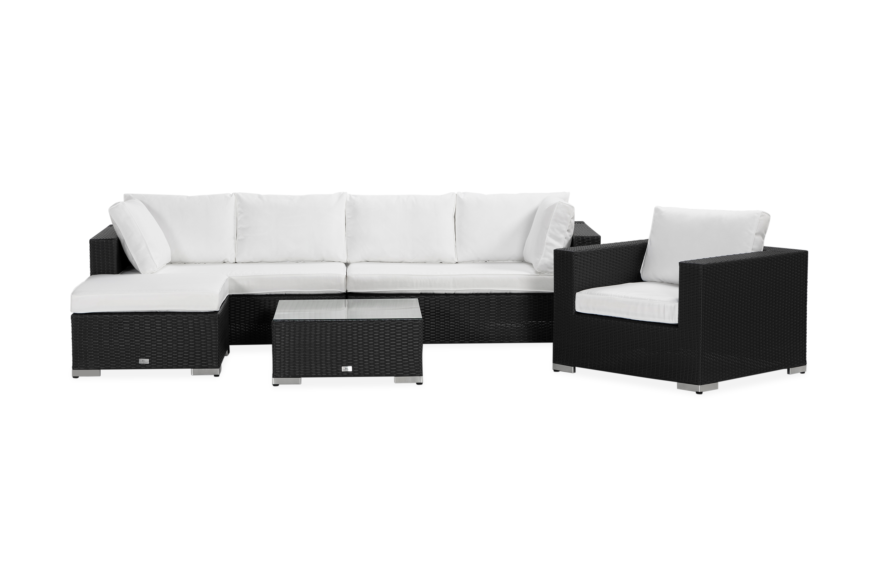 Bahamas Stor loungegrupp utomhus Soffgrupp uteplats 7-sits Loungeset konstrotting utemöbler Svart Vita dynor