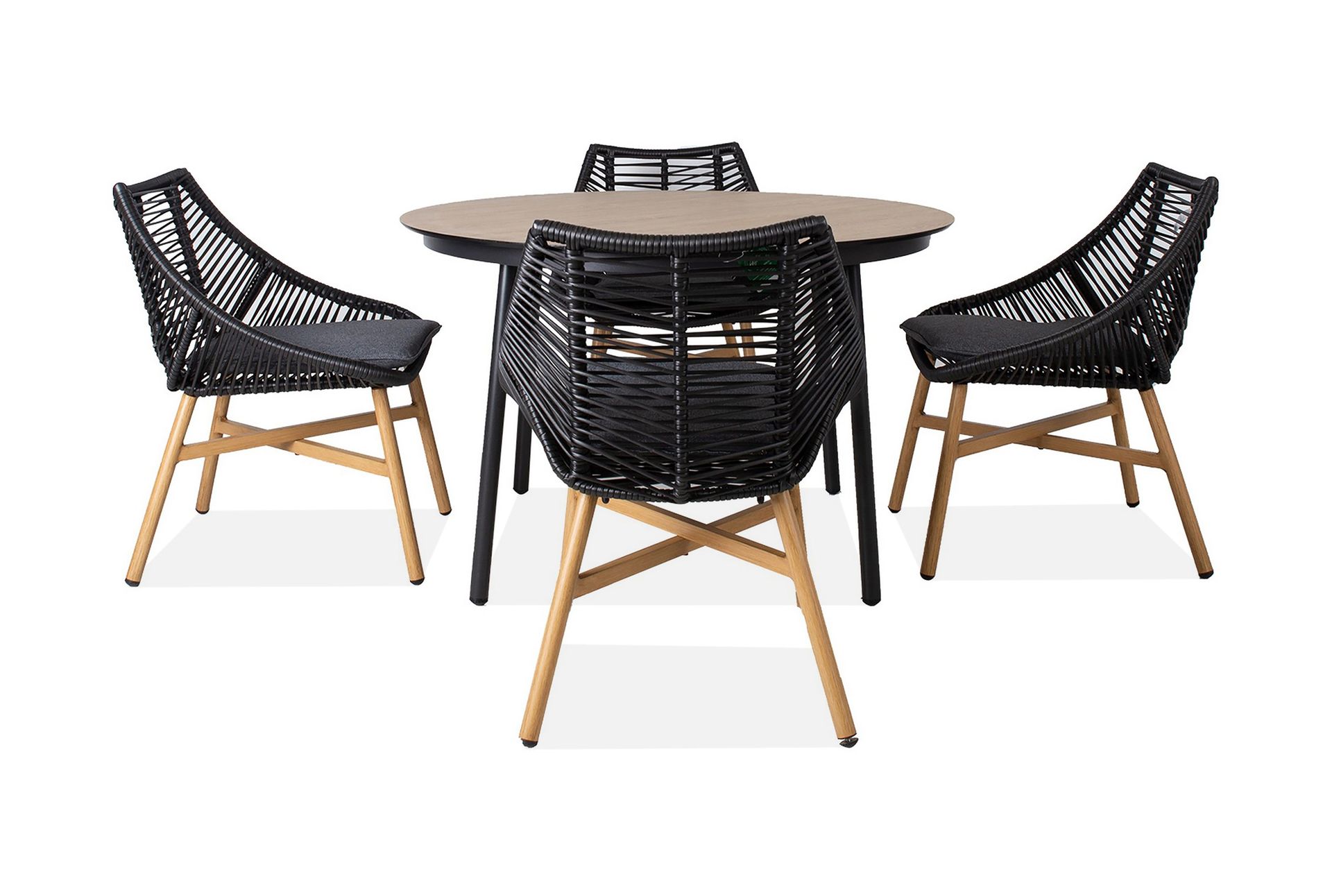 Helsinki Matgrupp Utomhus 120 cm Rund + 4 Utestolar m Dyna - Svart/Natur/Gr&aring;