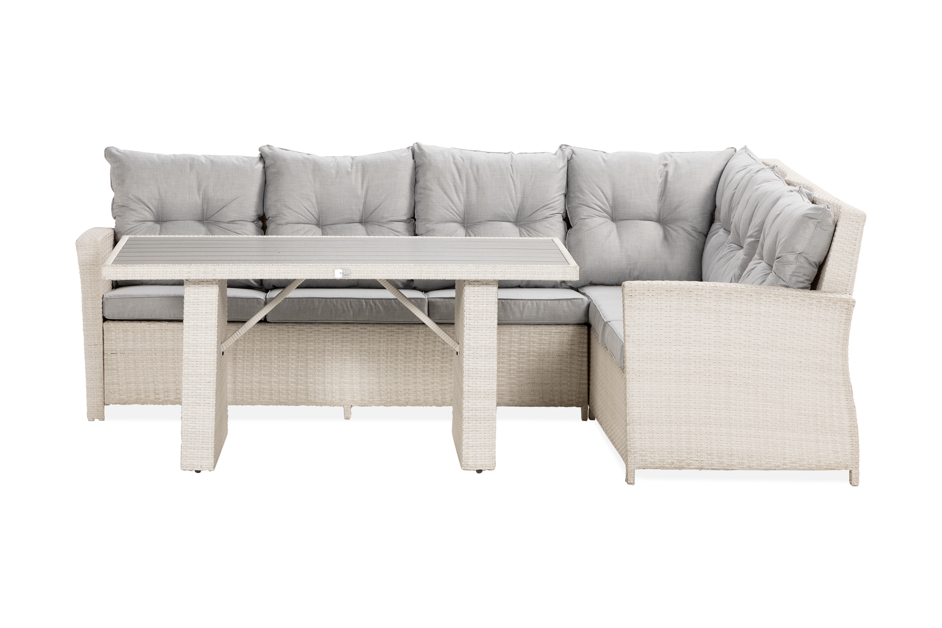 James Loungegrupp L-soffa utomhus Loungeset 5-sits utemöbler Soffgrupp till uteplats Höger Vit Gråa dynor