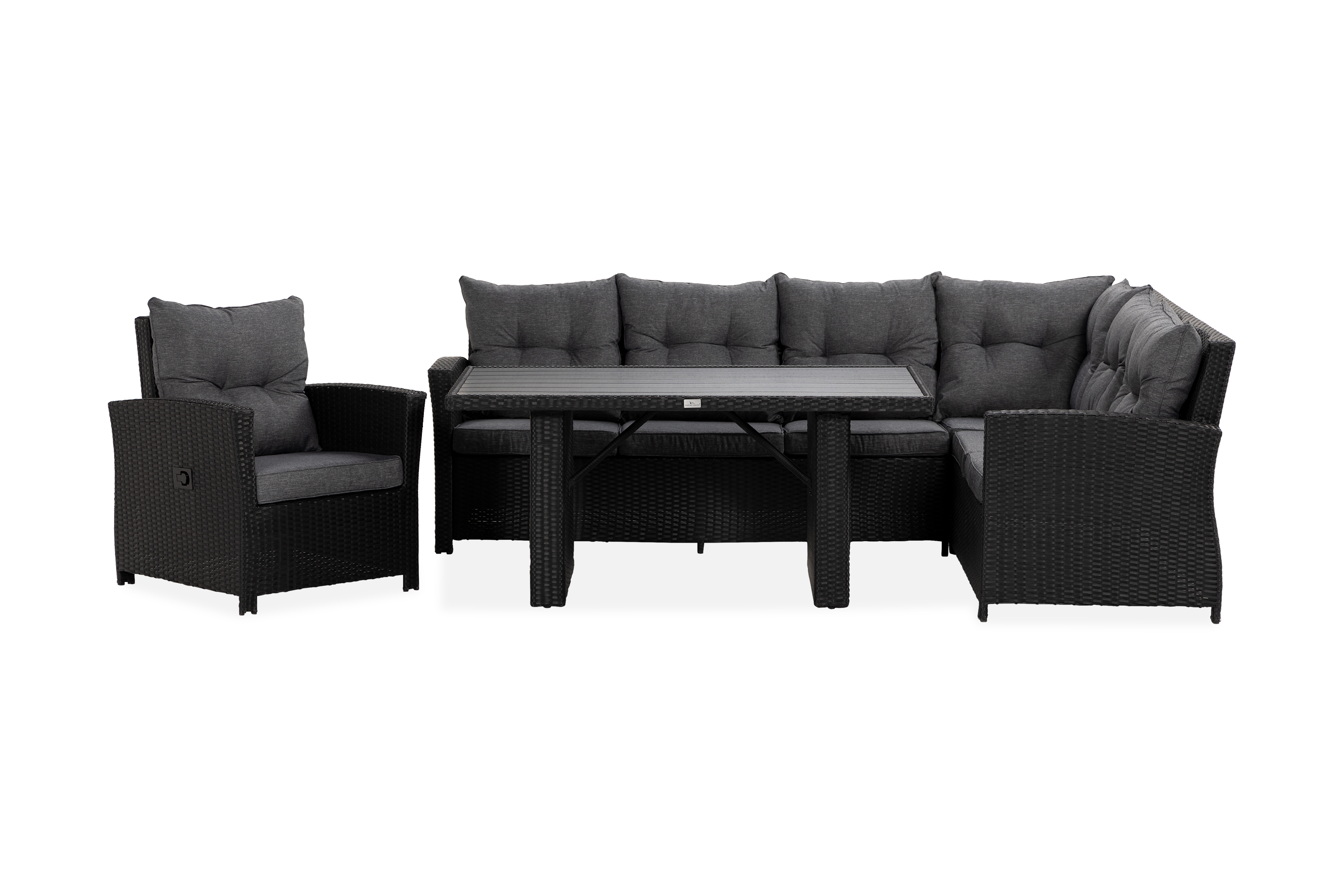 James Loungegrupp utomhus Loungeset konstrotting utemöbler Soffgrupp till uteplats 6-sits Höger Reclinerfåtölj Svart Gråa dynor