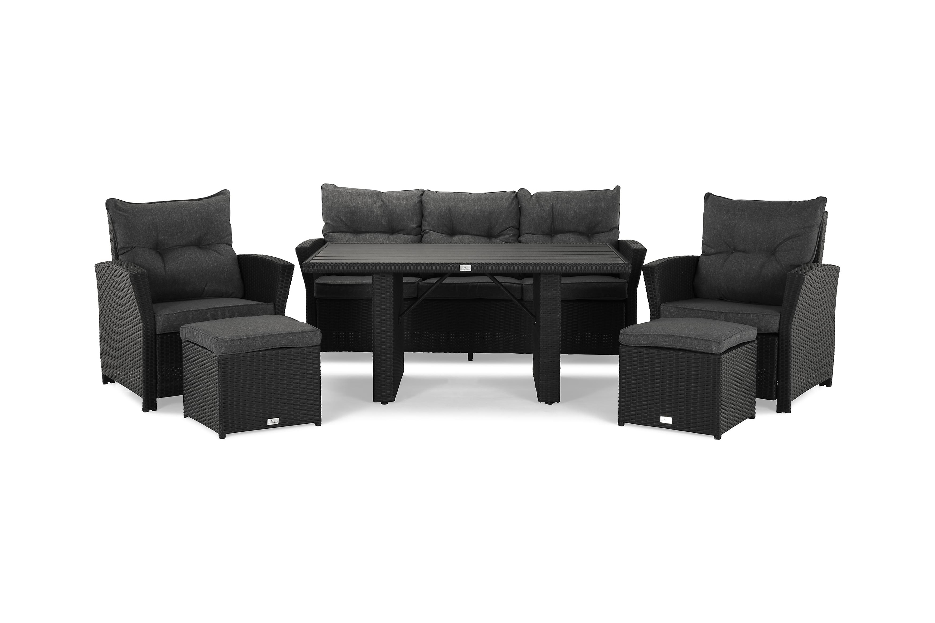 James Loungegrupp utomhus Soffgrupp till uteplats 5-sits Loungeset konstrotting utemöbler Aintwood Svart Gråa dynor