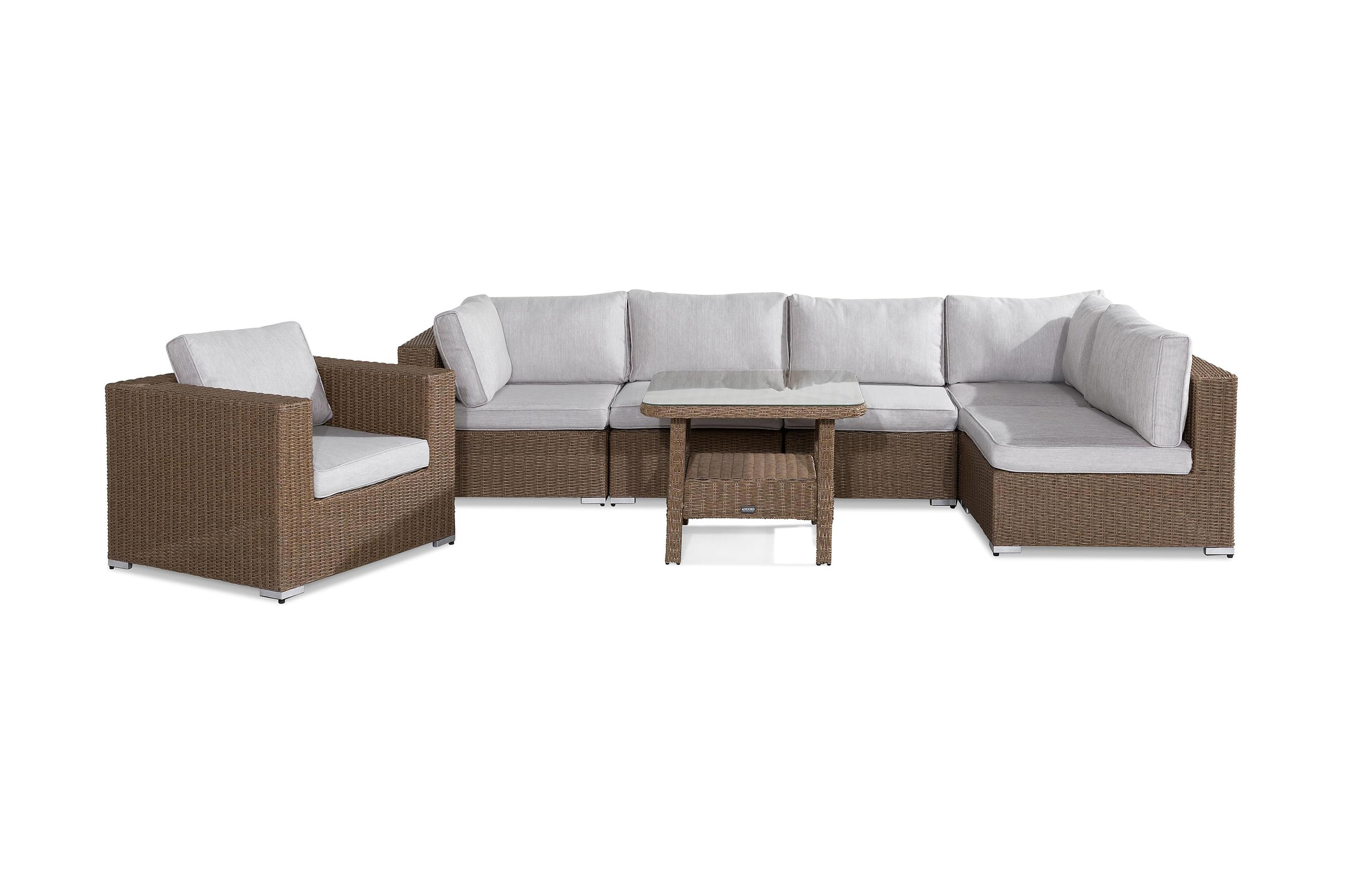 Marcus Stor Loungegrupp Utomhus 6-sits Loungeset i Konstrotting för Uteplats och Trädgård Beige Vita dynor