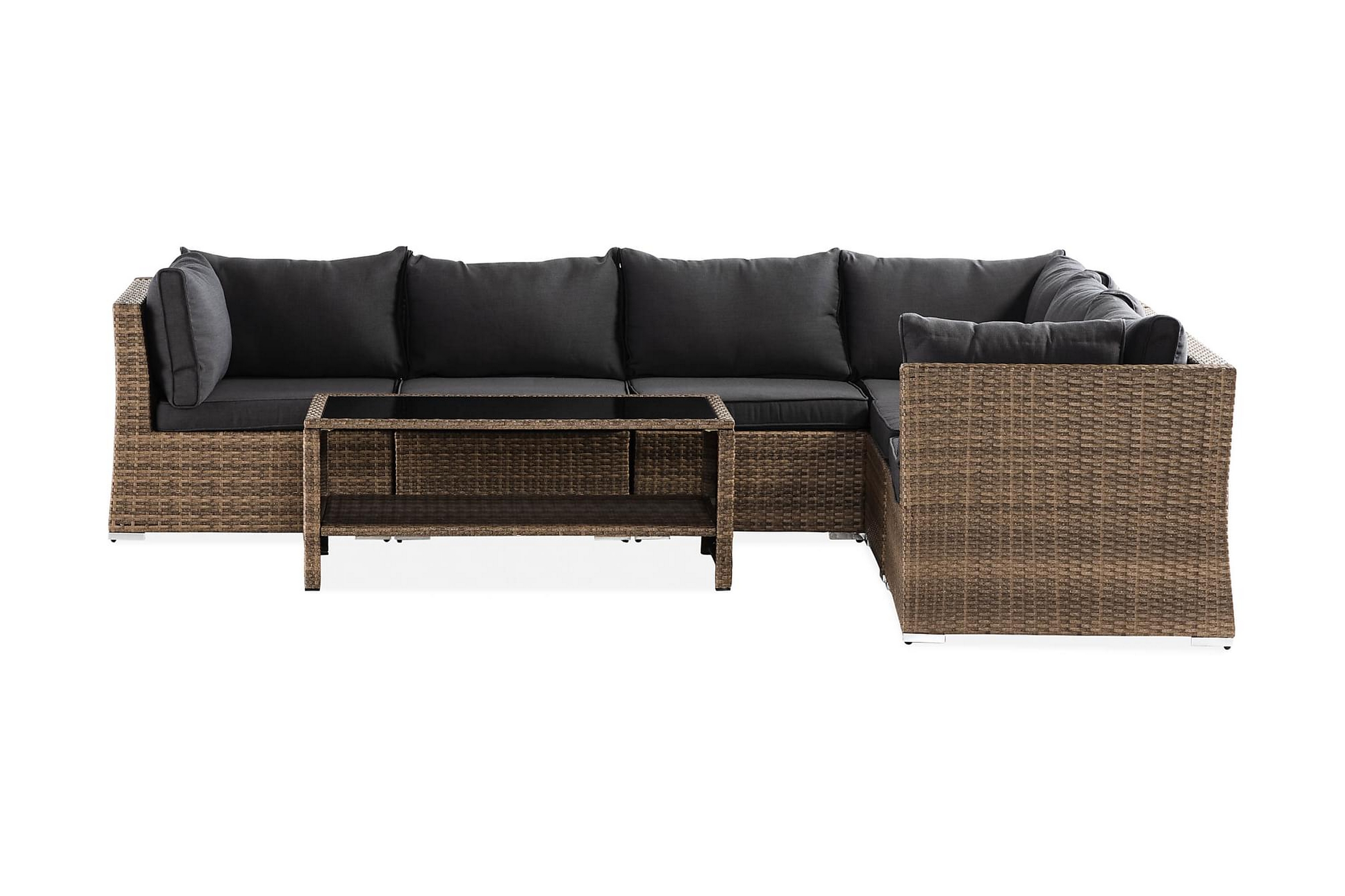 Wisconsin Premium Loungegrupp utomhus Soffgrupp till uteplats 6-sits Loungeset konstrotting utemöbler Sand Brun Svarta dynor