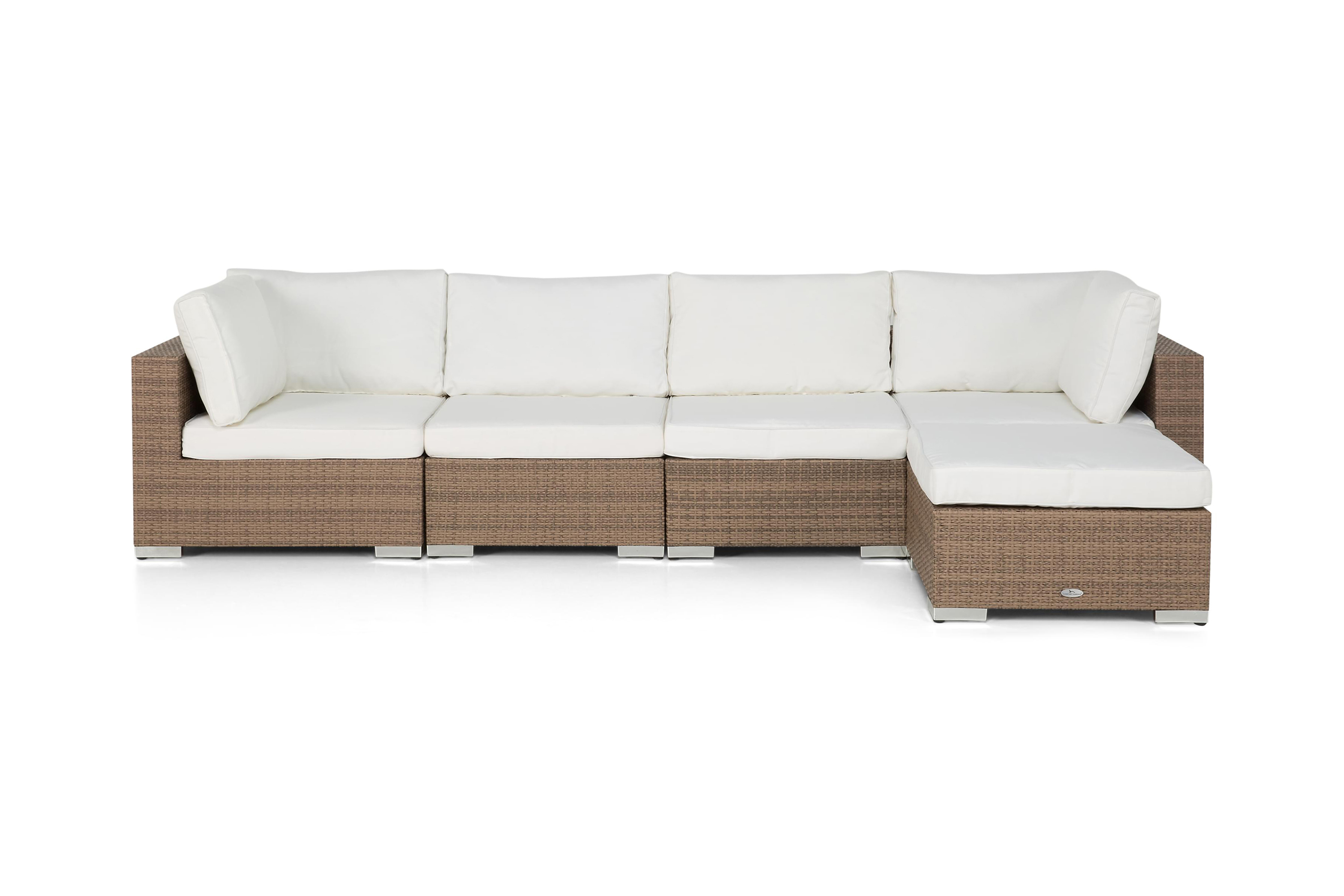 Bahamas 5-sits Loungesoffa utomhus i konstrotting med kombinerad divan/loungebord Sand Beige Vita dynor