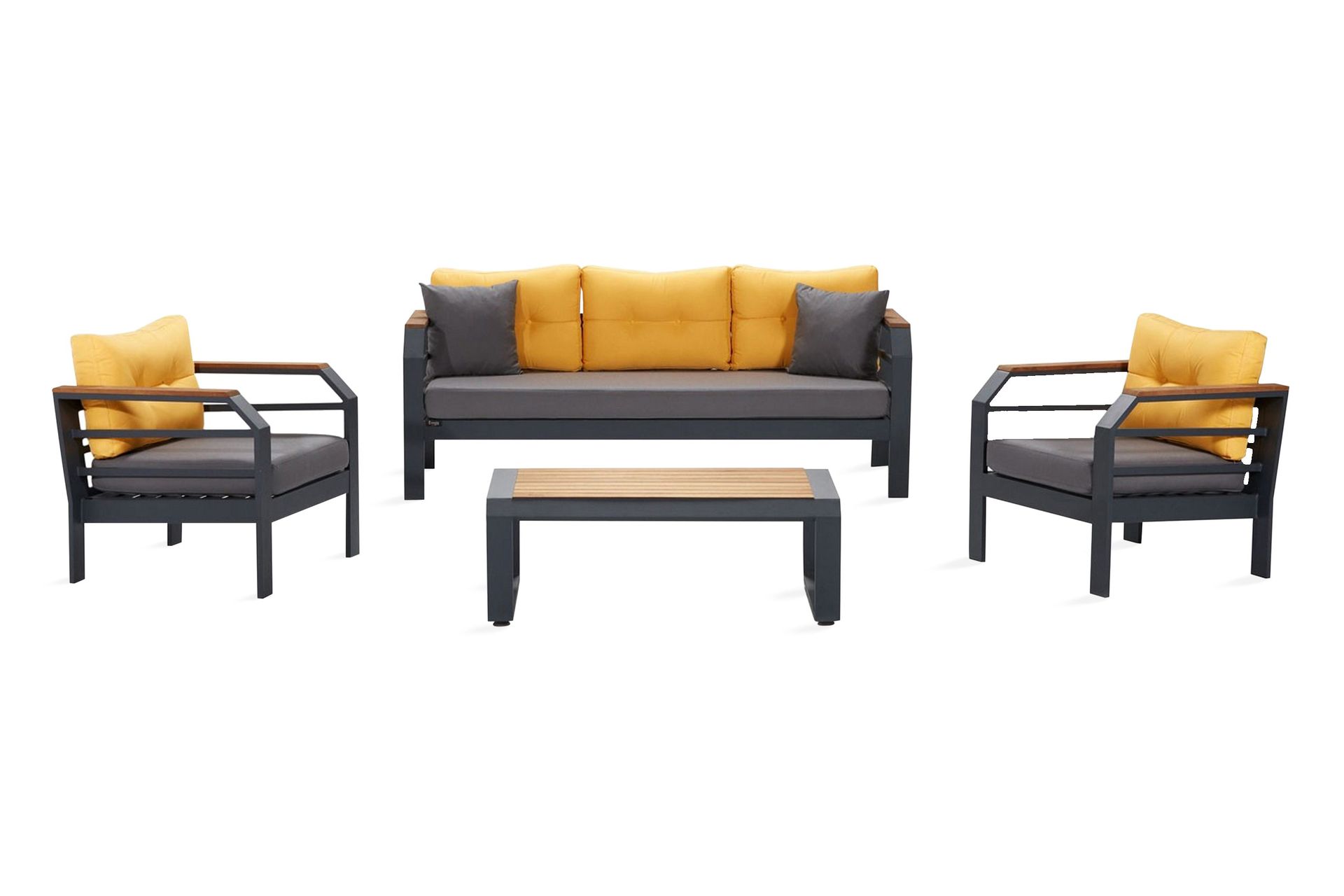 Lassento Caféset 197 cm + 3-sits Utesoffa + 2 Utefåtöljer - Gul/Grå/Svart