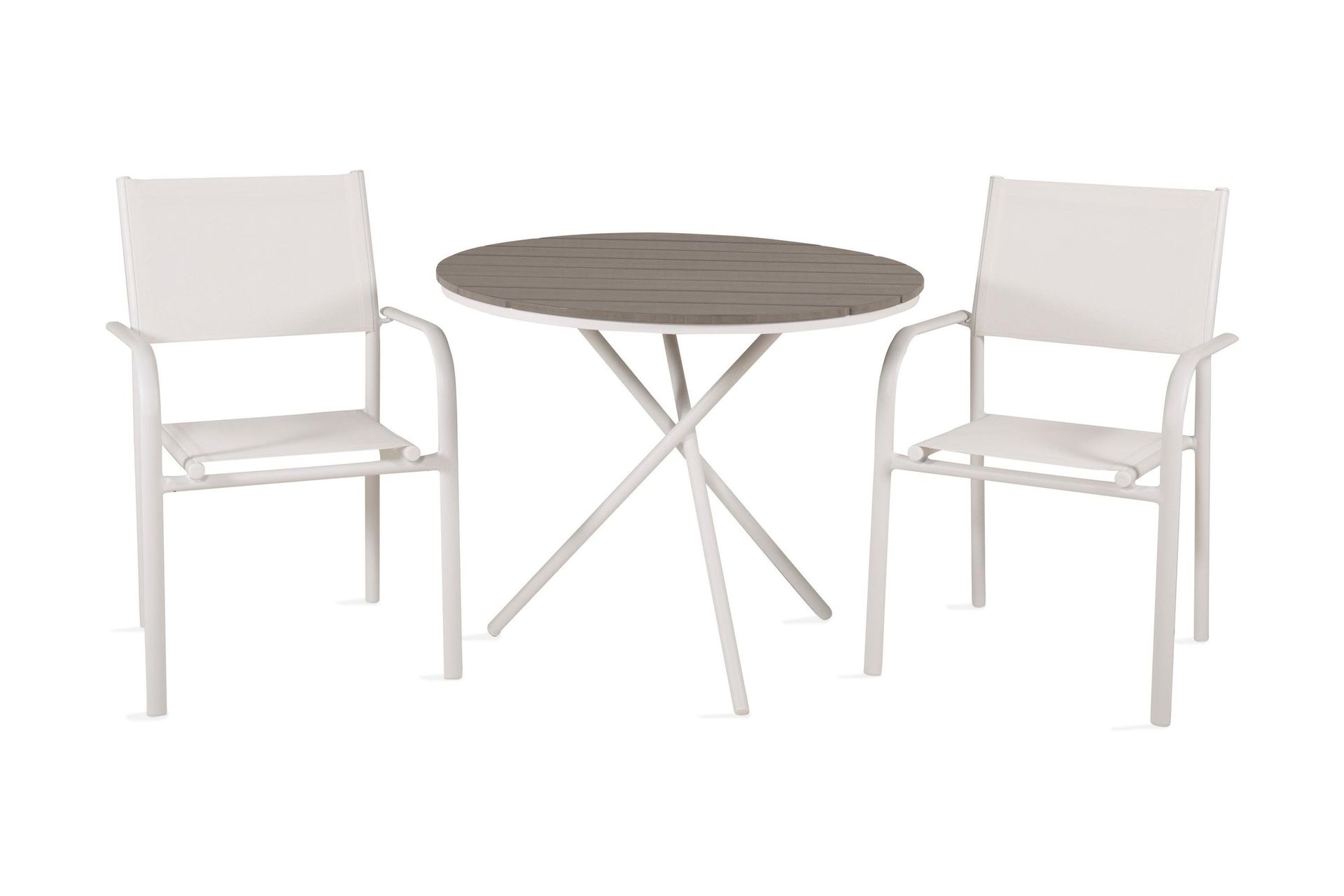 Parma Caf&eacute;set Rund &Oslash;90 cm + 2 Santorini Karmstolar - Brun/Vit