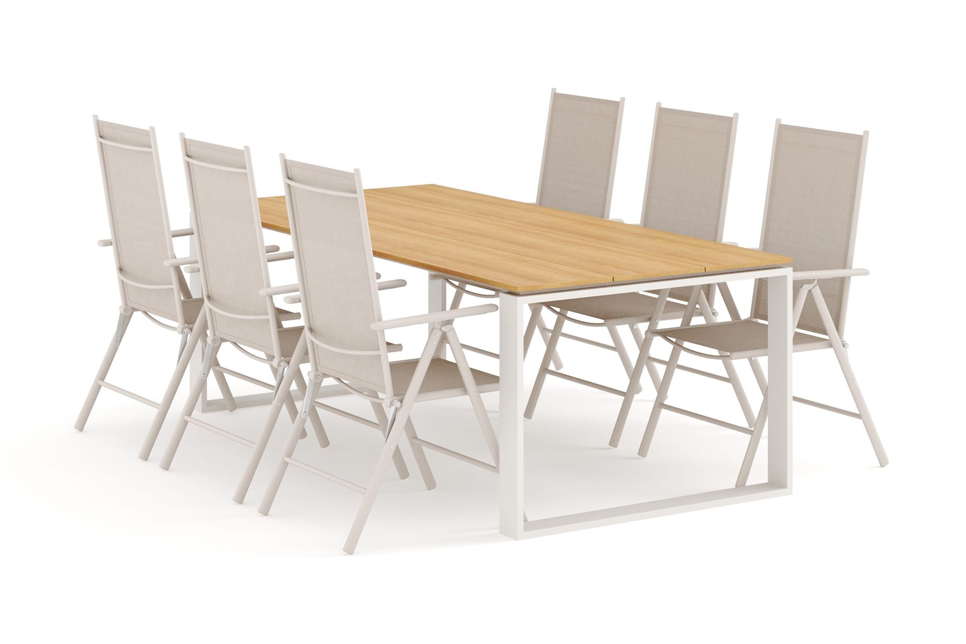 Devon utomhus matgrupp 210x100 cm med 6 Maggie positionsstolar - Beige/Teak