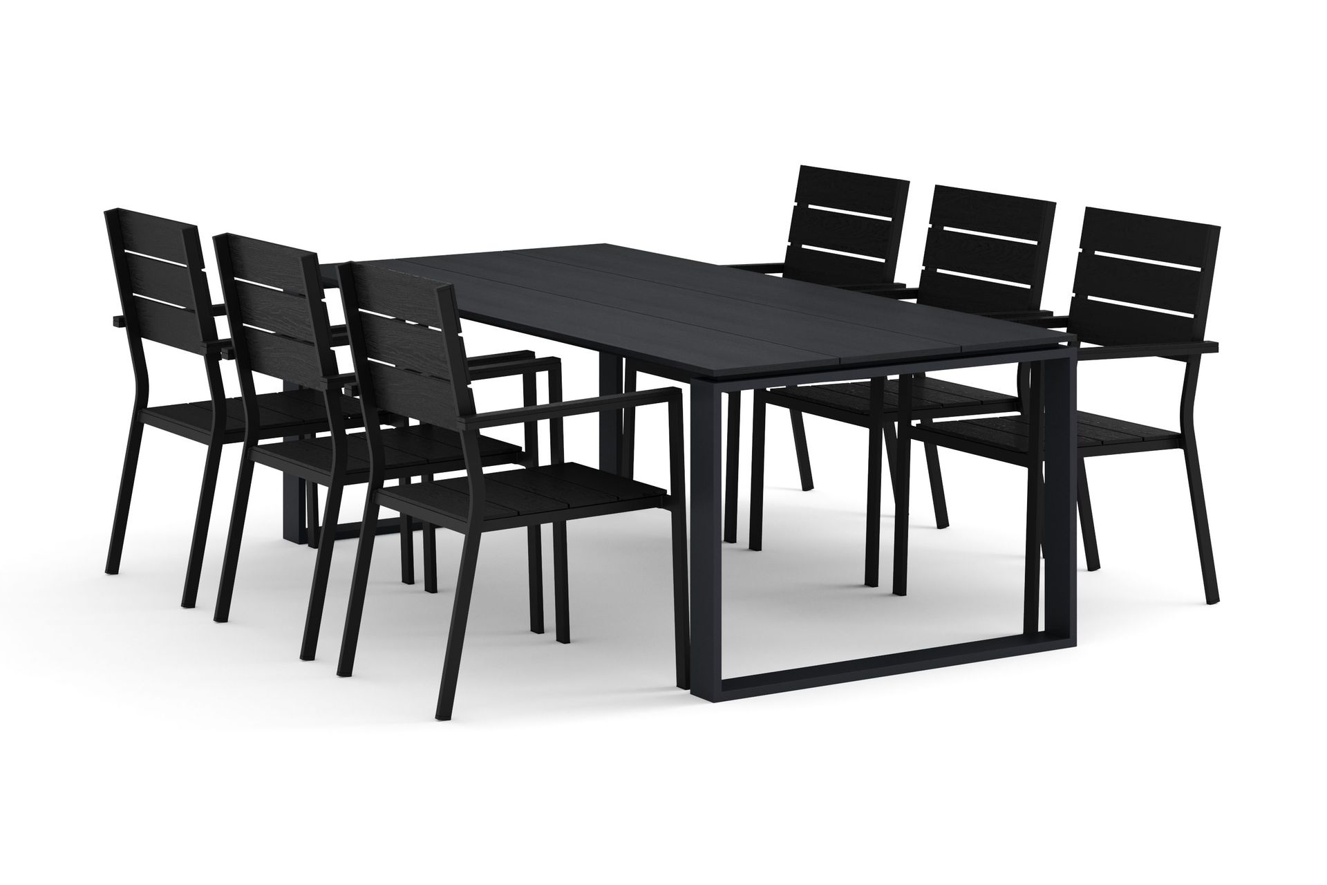 Devon utomhus matgrupp 210x100 cm med 6 Tunis stapelstolar - Svart