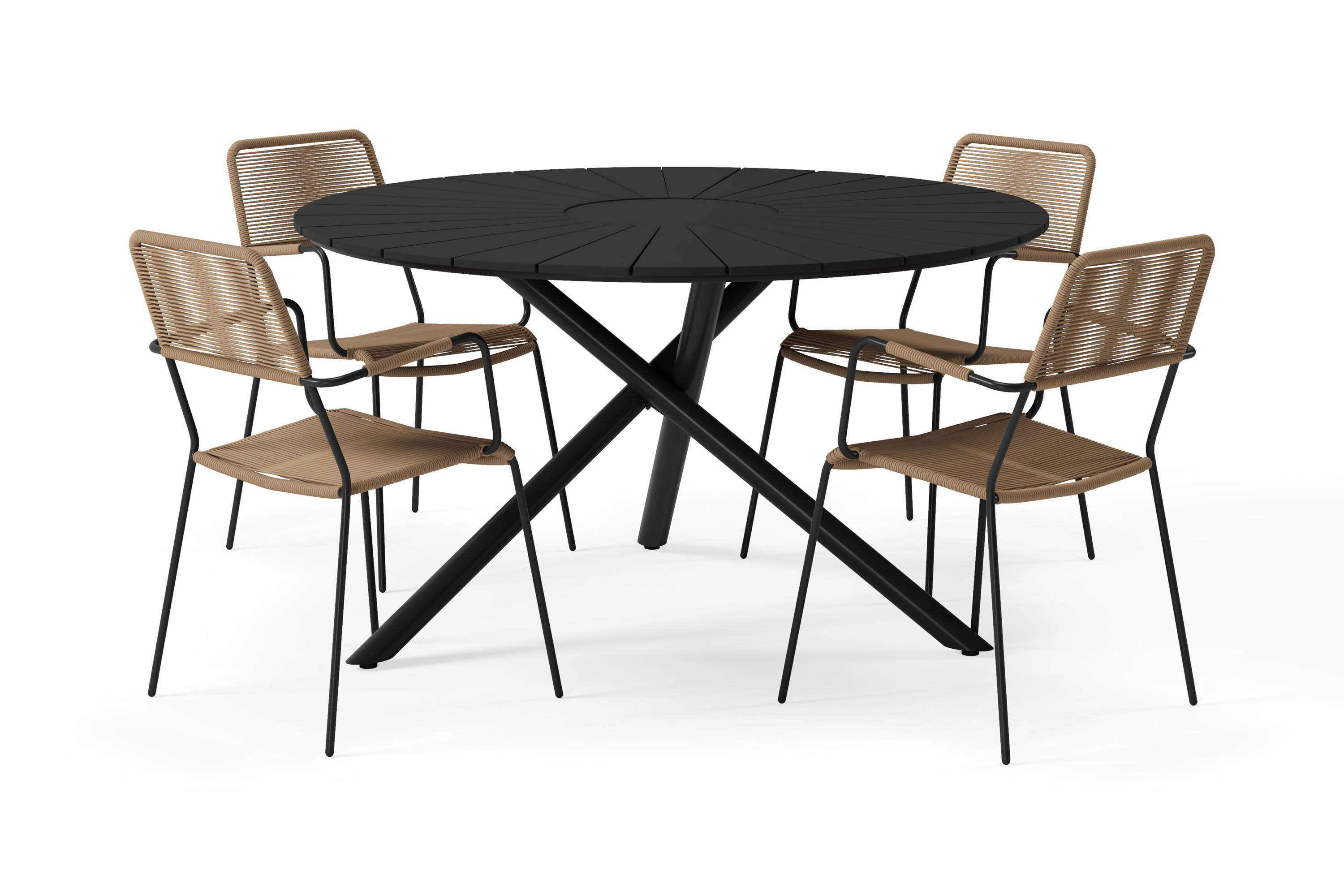 Finnhamn Matbord 140 cm Runt med 4 Lindos Matstolar Svart