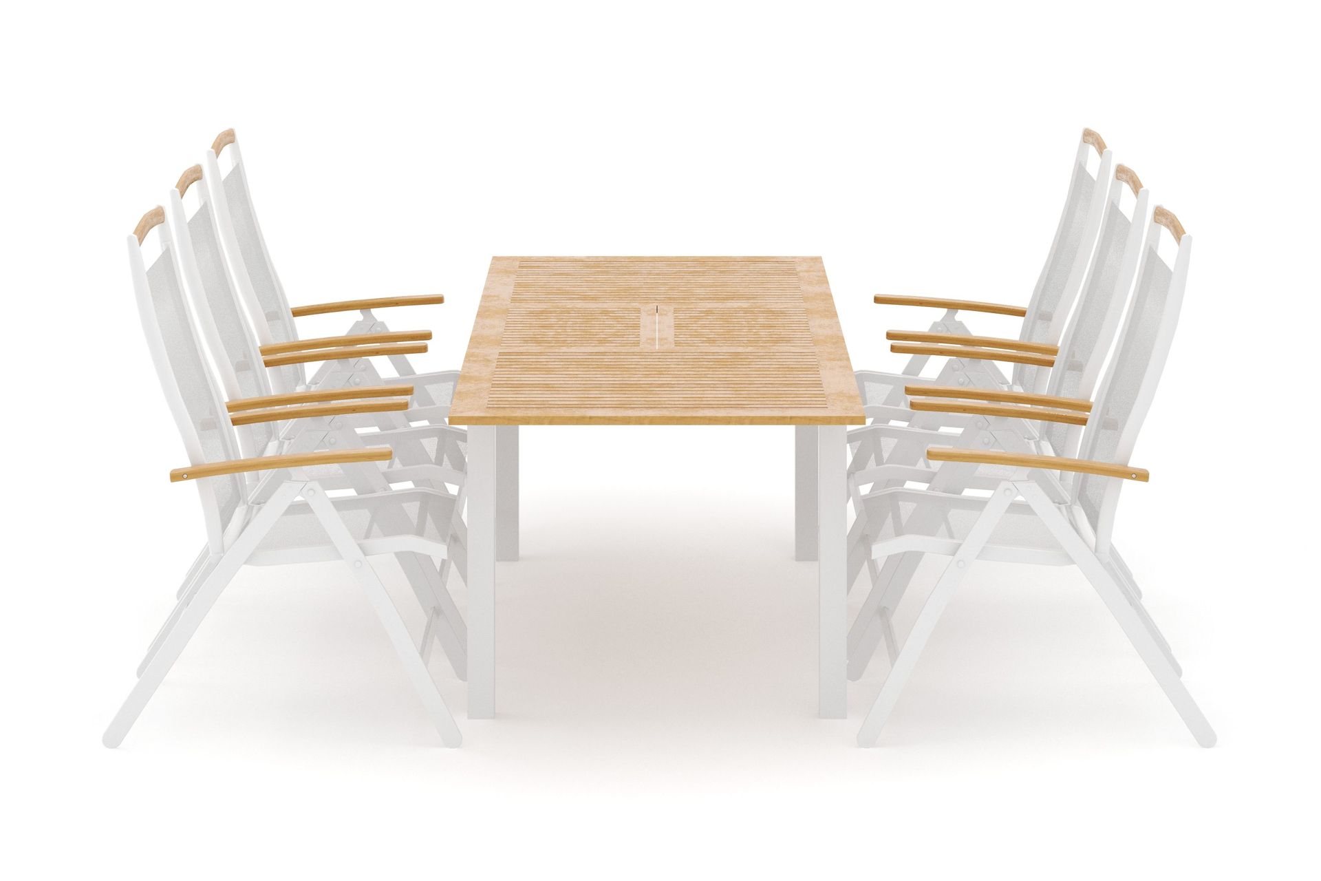 Las Vegas utomhus matgrupp f&ouml;rl&auml;ngningsbart 152-210x90 cm med 6 Las Vegas positionsstolar - Vit