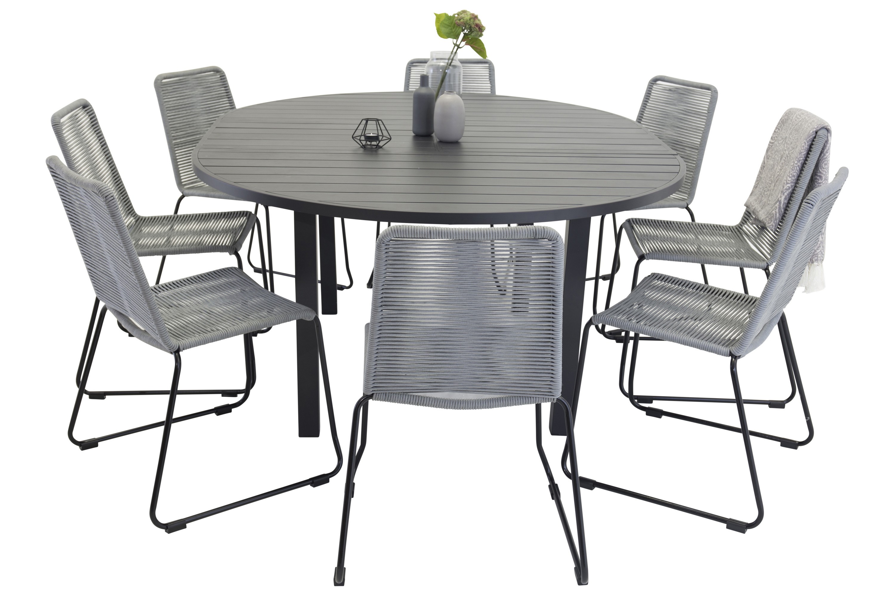 Marbella Matgrupp Utomhus 140 cm Rund med 8 Lindos Utestolar Svart