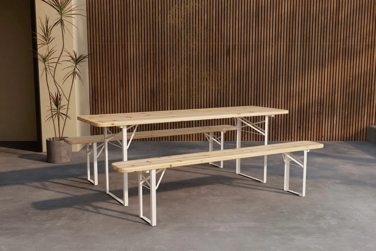 Matgrupp Guiness 200 cm med 2 B&auml;nkar Utomhus - Teaklook, beige stomme