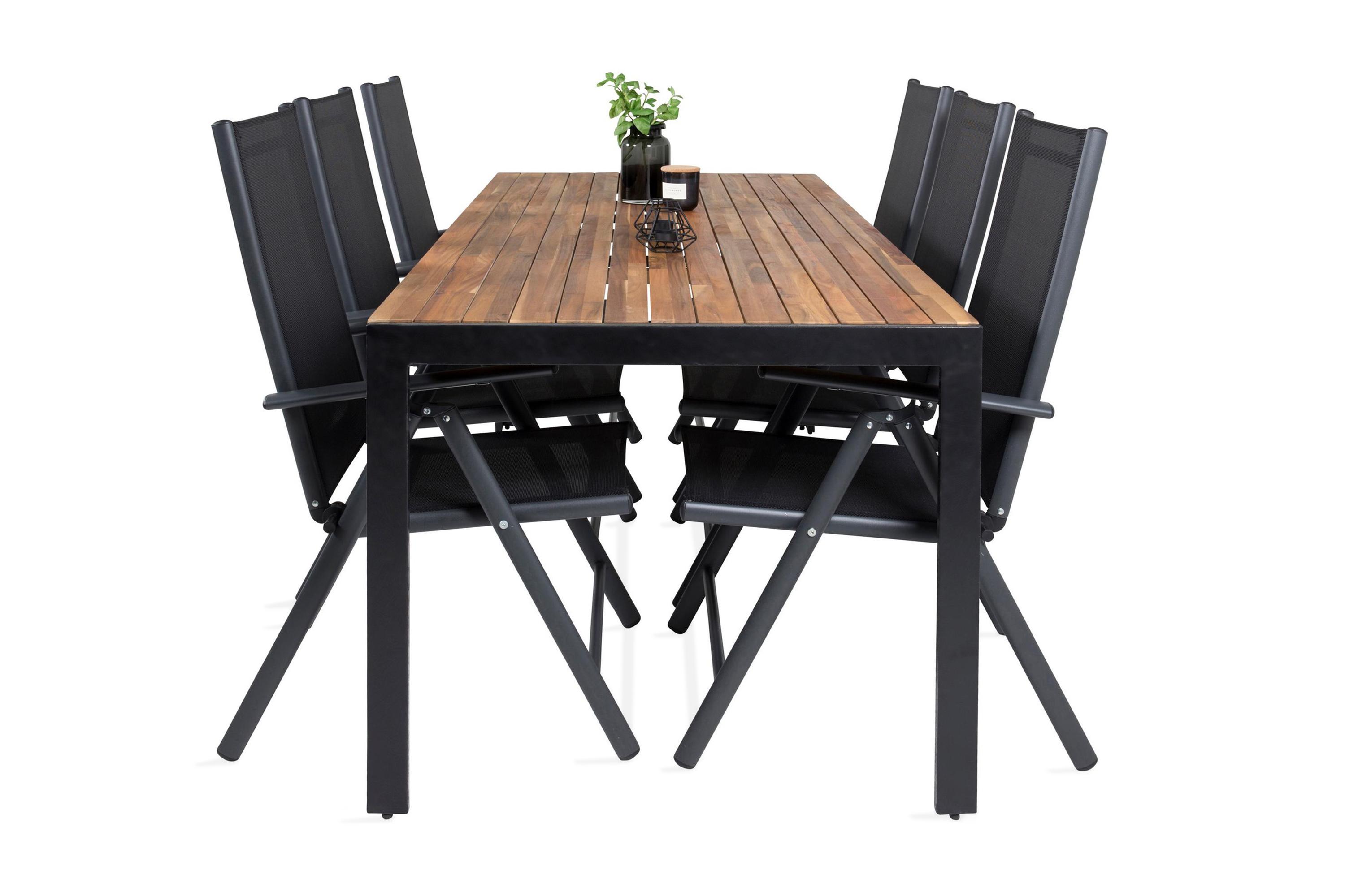 Bois Matgrupp Utomhus 200cm 6 Break Positionsstolar Svart/Grå