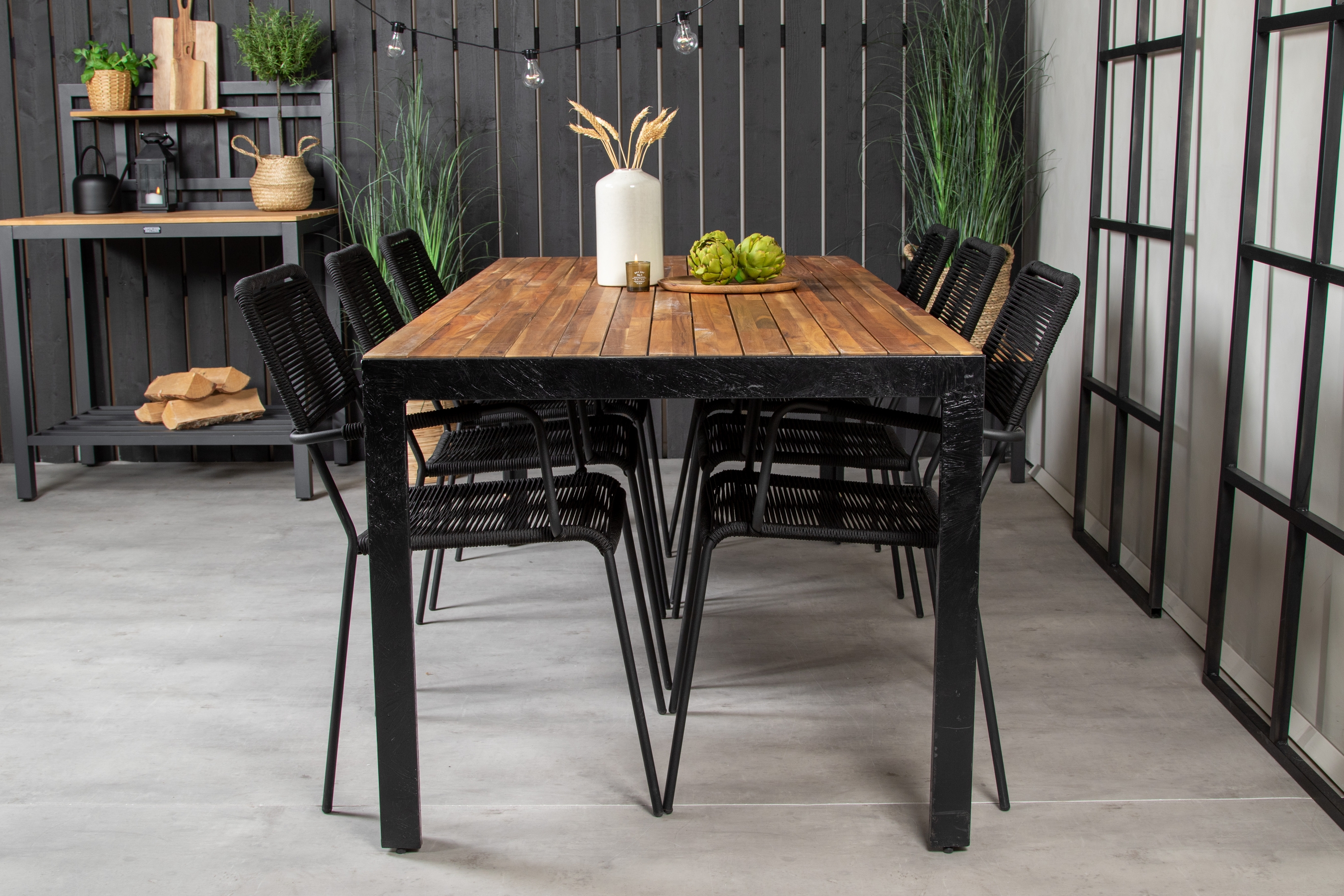 Bois Matgrupp Utomhus 200cm 6 Lindos Karmstolar Svart