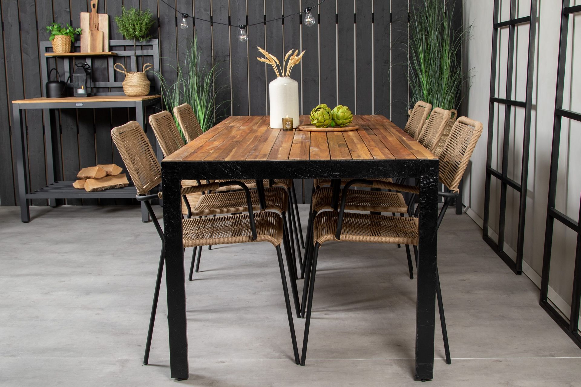 Bois Matgrupp Utomhus 200cm + 6 Lindos Karmstolar - Svart