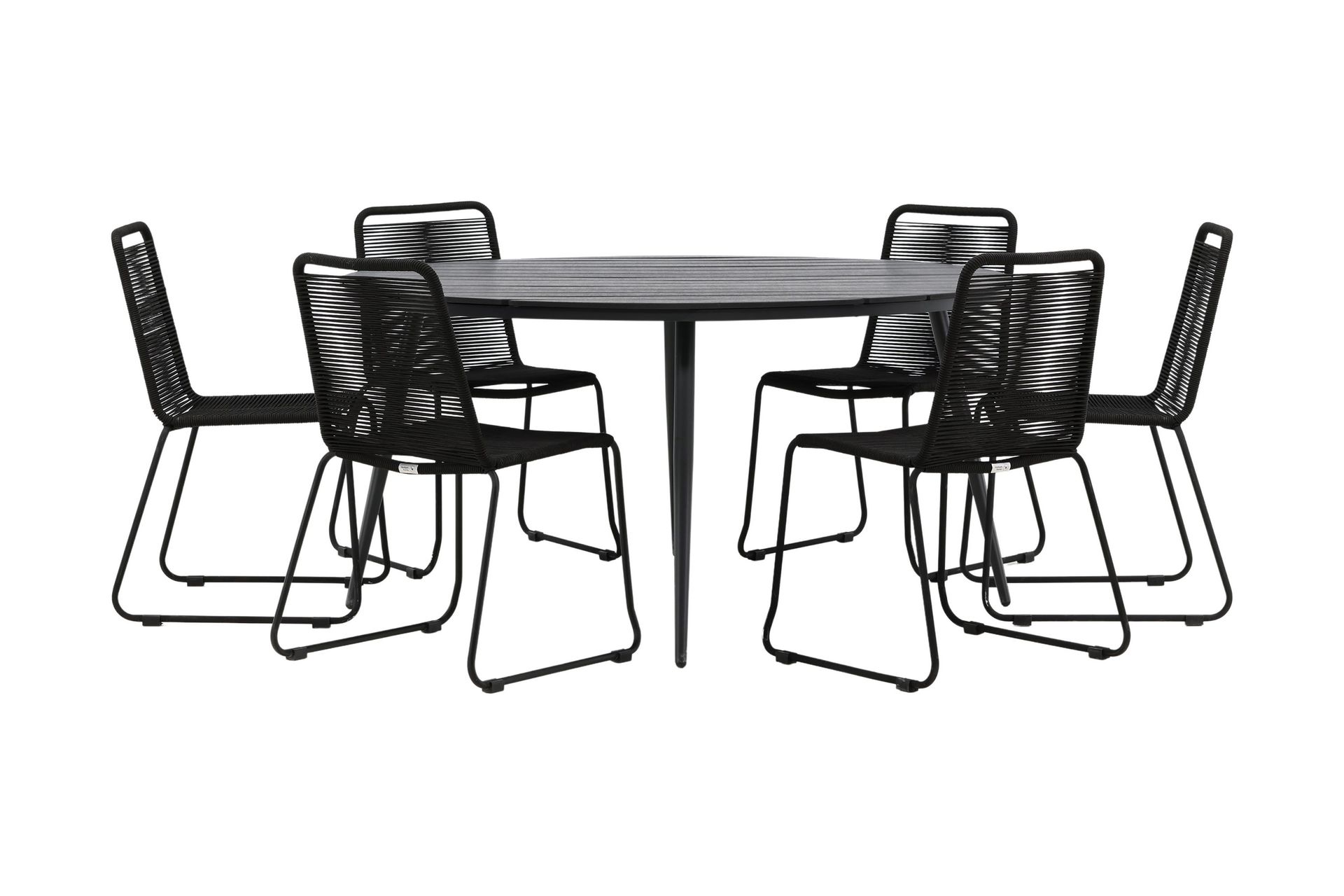 break matgrupp utomhus rund ø150cm + 6 lindos stapelbara matstolar - svart