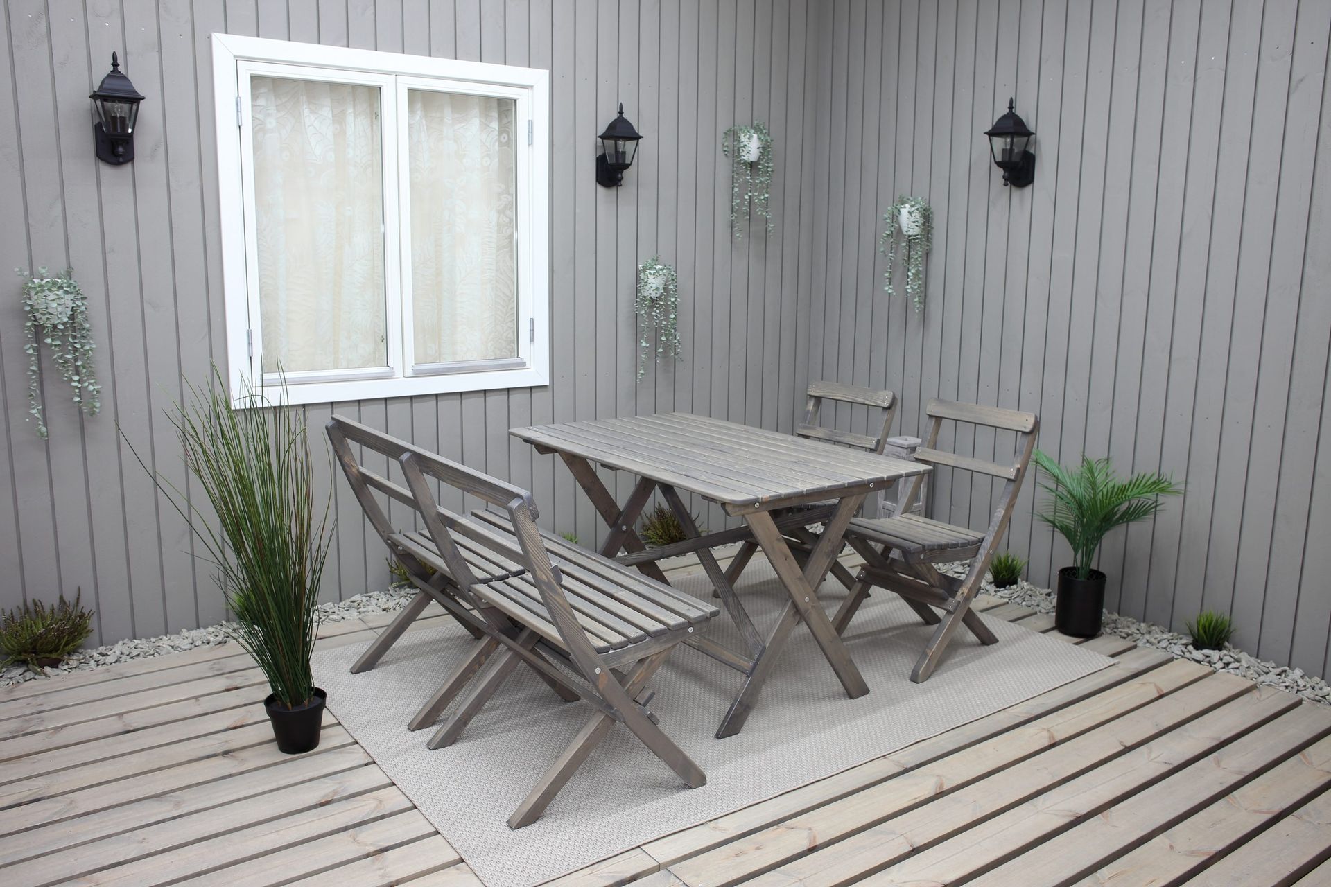 Larios Matgrupp Utomhus 76 cm + 2 Matstolar Utomhus + Bänk Utomhus - Grå