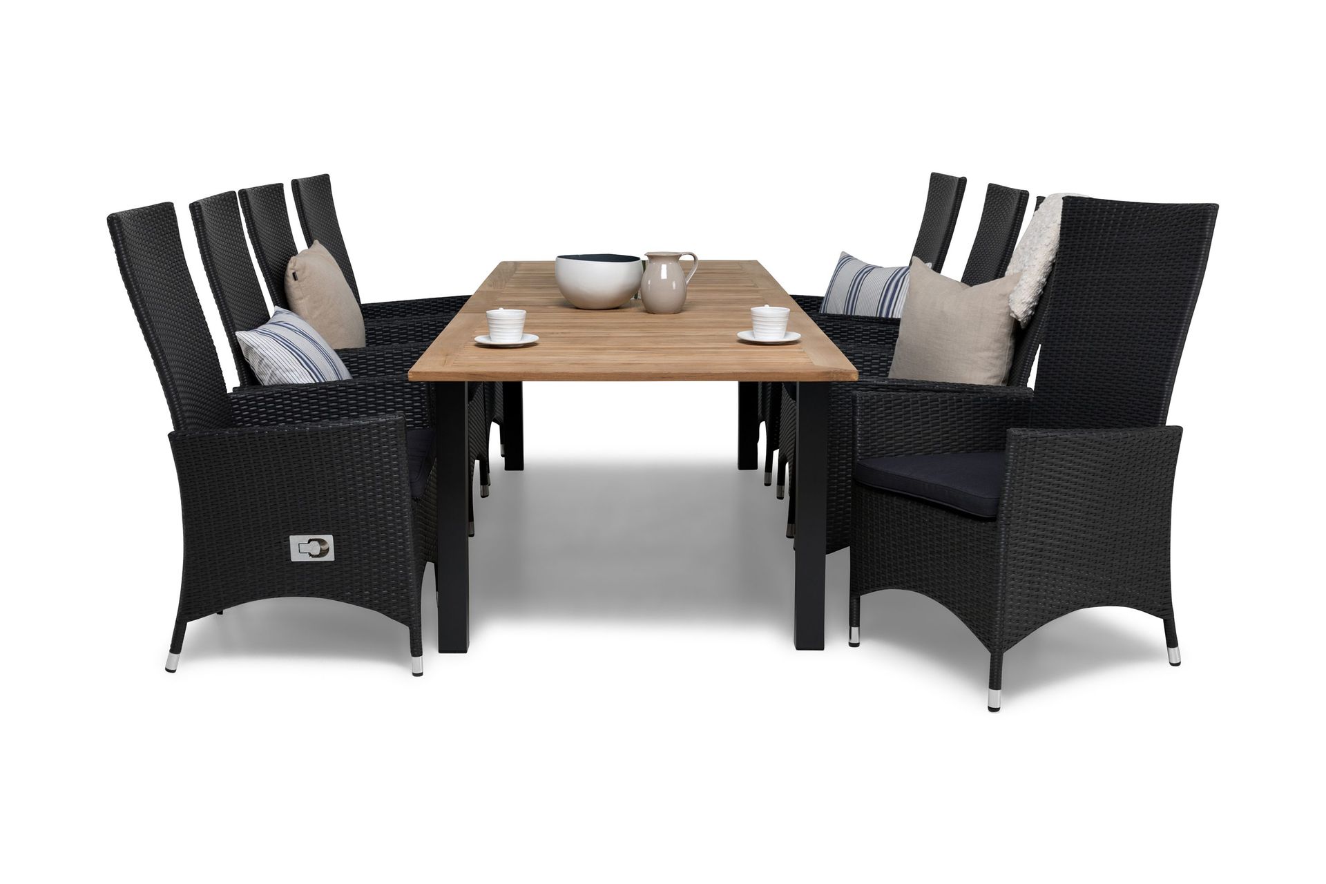 las vegas matgrupp 220-280 + 8 jenny ställbar fåtölj - inkl dyna teak/svart/grå