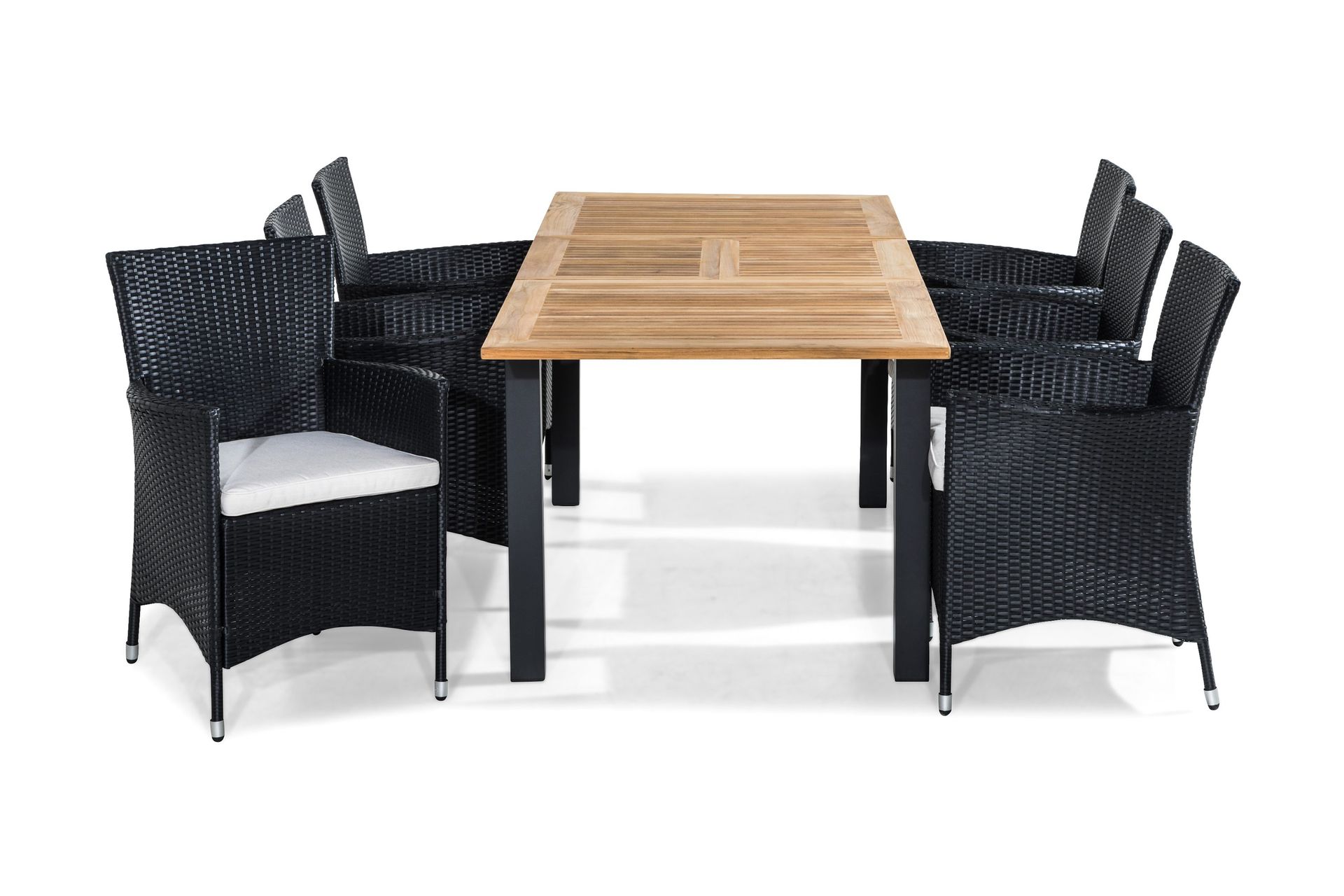 las vegas matgrupp utomhus 152-210x90 + 6 thor fåtölj m dyna - teak/svart/grå