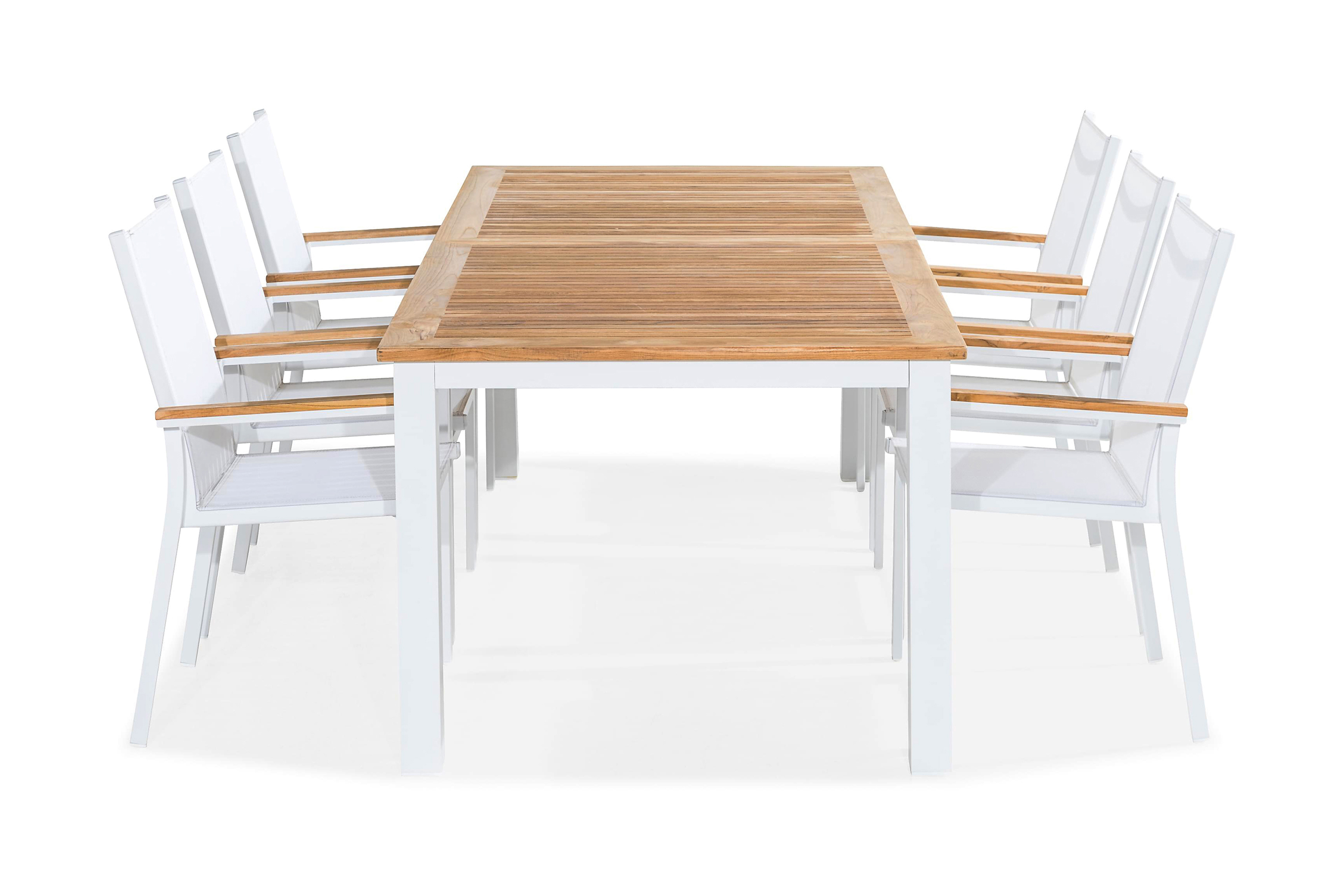 las vegas matgrupp utomhus 220-280x100 + 6 stapelstolar - teak/vit