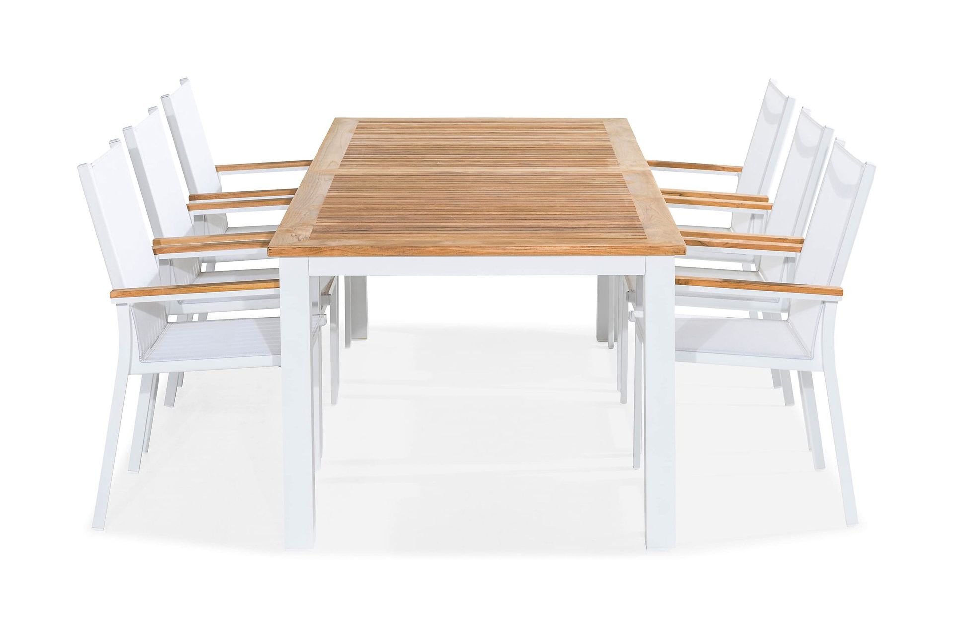Las Vegas Matgrupp Utomhus 220-280x100 + 6 Stapelstolar - Teak/Vit