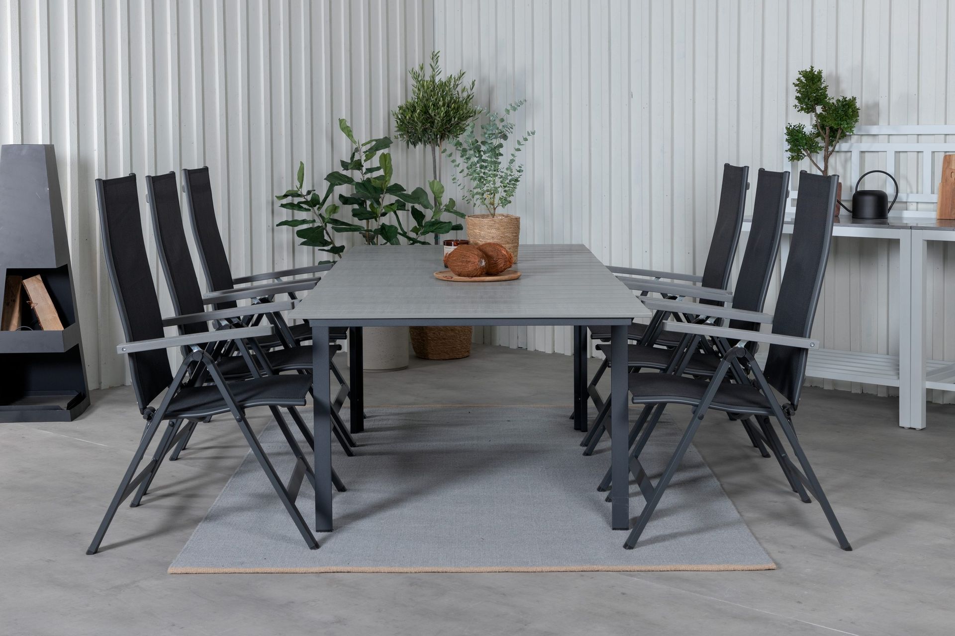 Levels F&ouml;rl&auml;ngningsbar Matgrupp Utomhus 160cm + 6 Albany Stolar - Svart/Gr&aring;