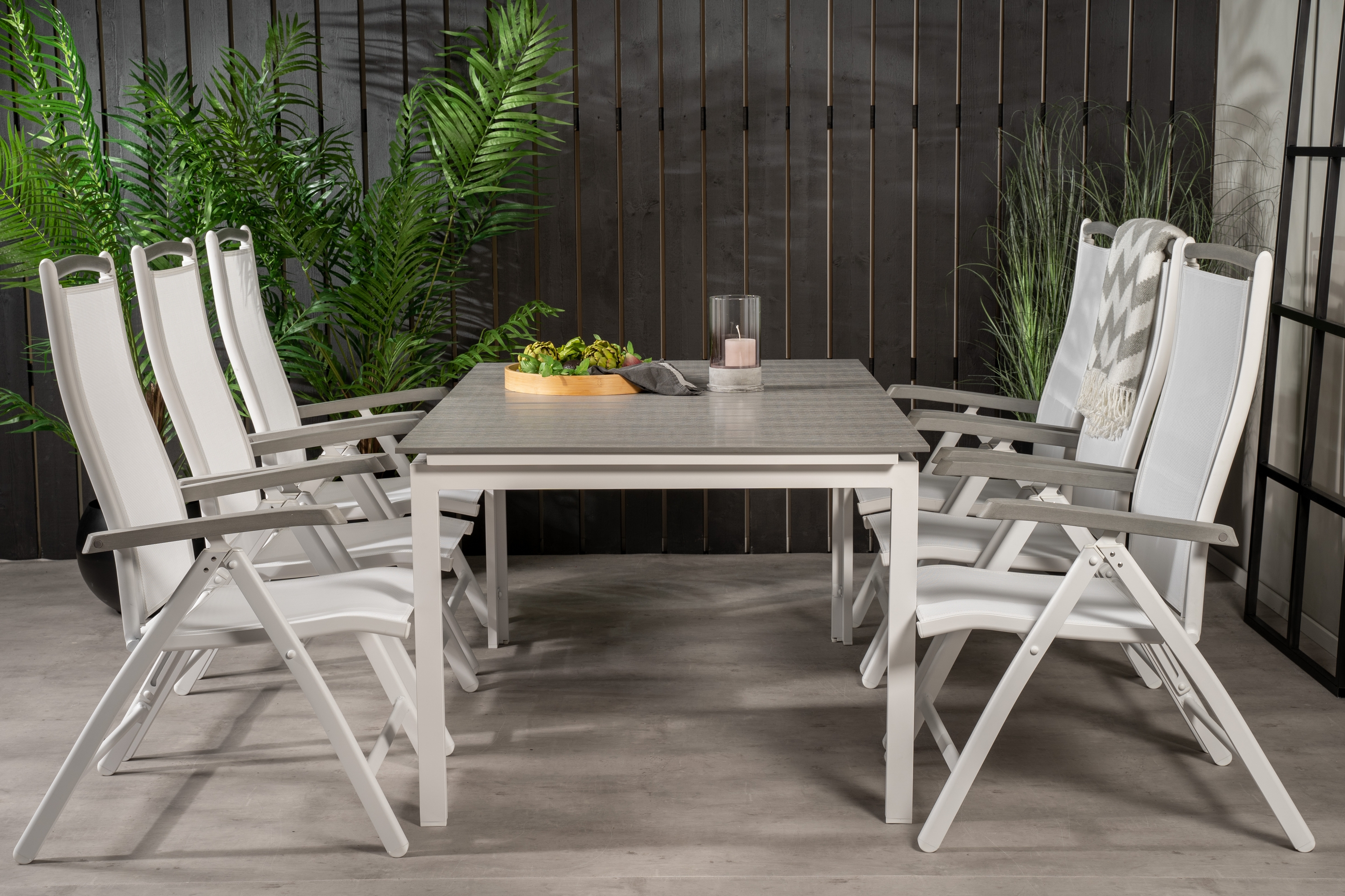 levels förlängningsbar matgrupp utomhus 160cm + 6 albany stolar - vit/grå