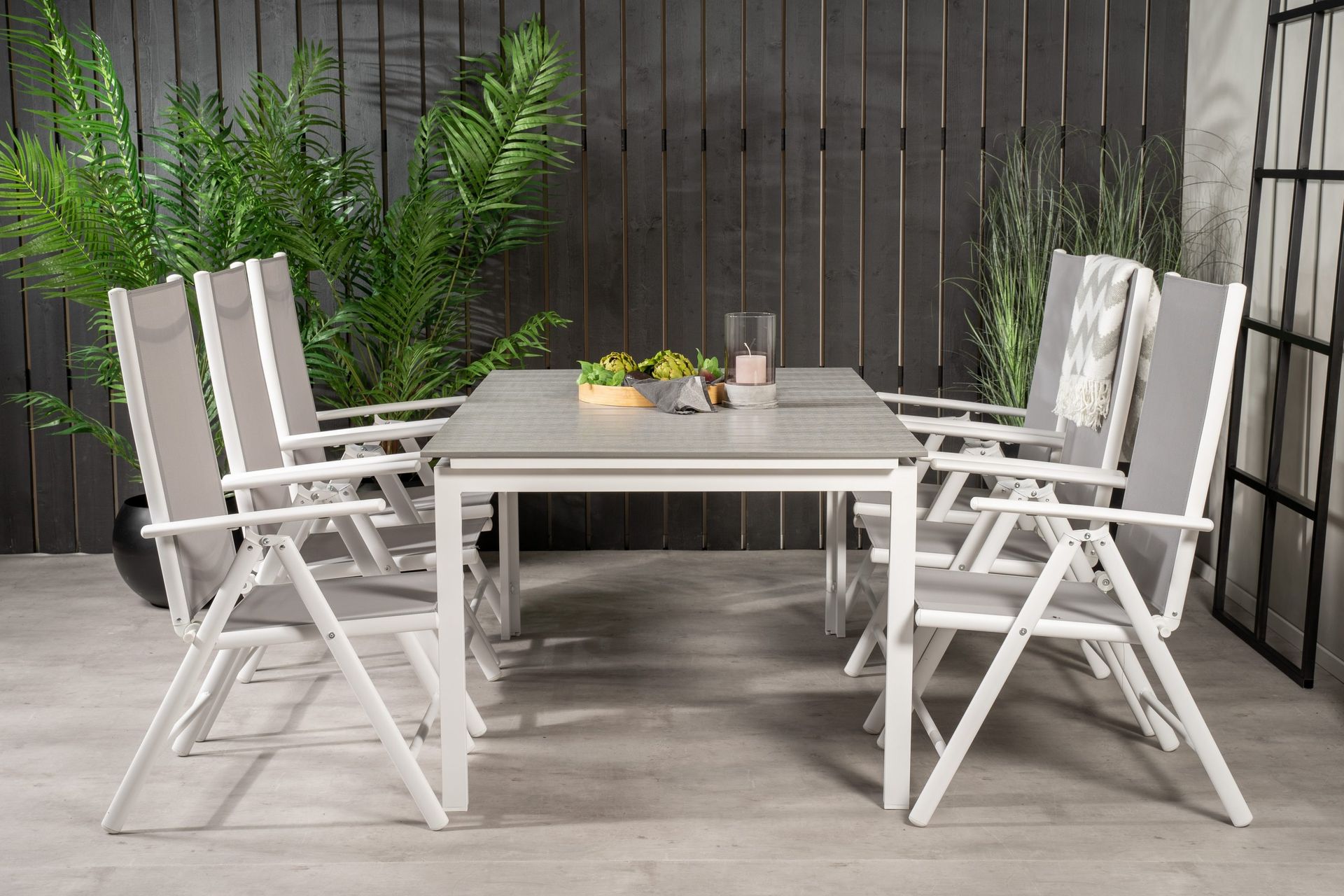 Levels F&ouml;rl&auml;ngningsbar Matgrupp Utomhus 160cm + 6 Break Matstolar - Vit/Gr&aring;