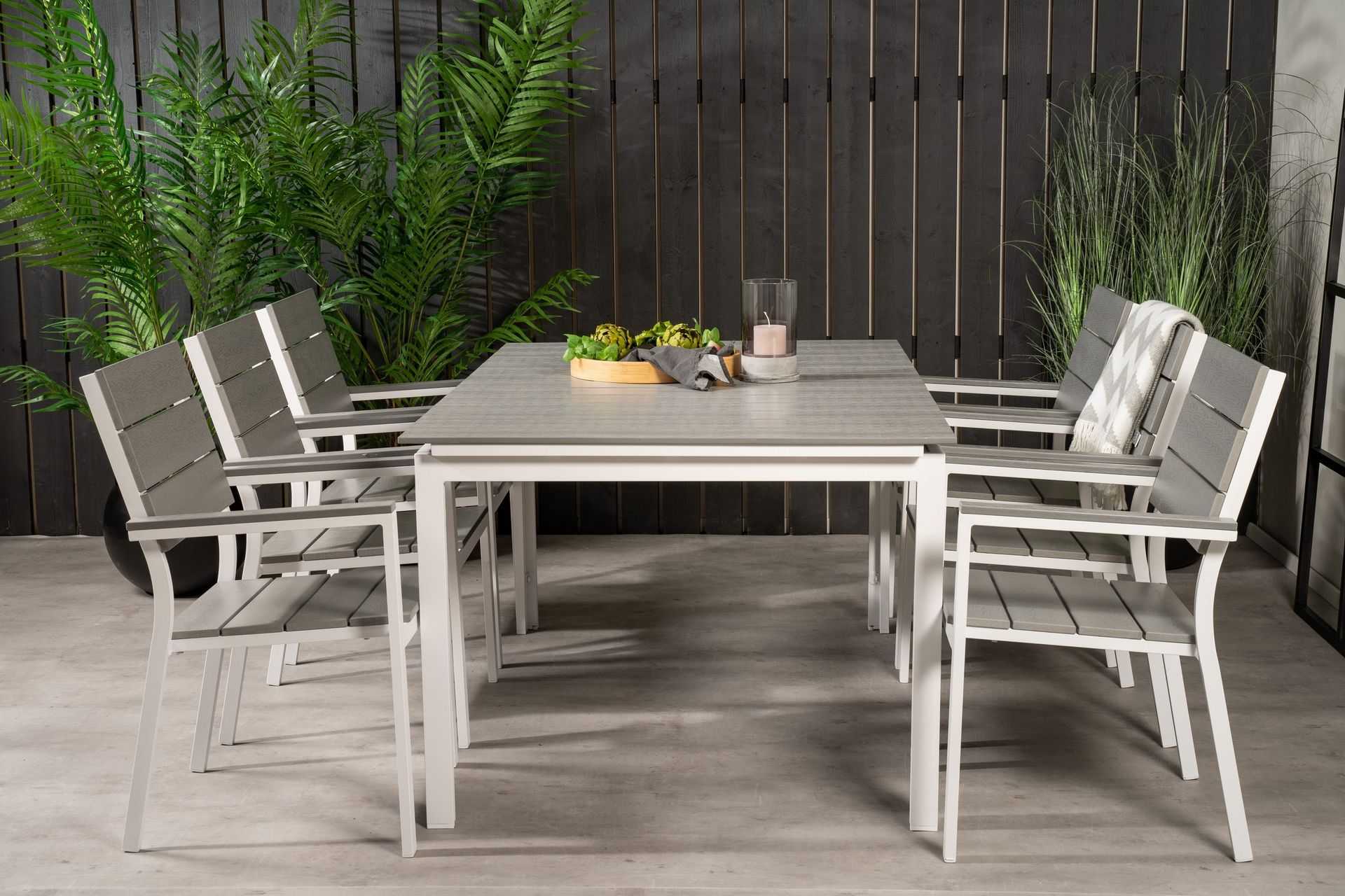 levels förlängningsbar matgrupp utomhus 160cm + 6 matstolar - vit/grå