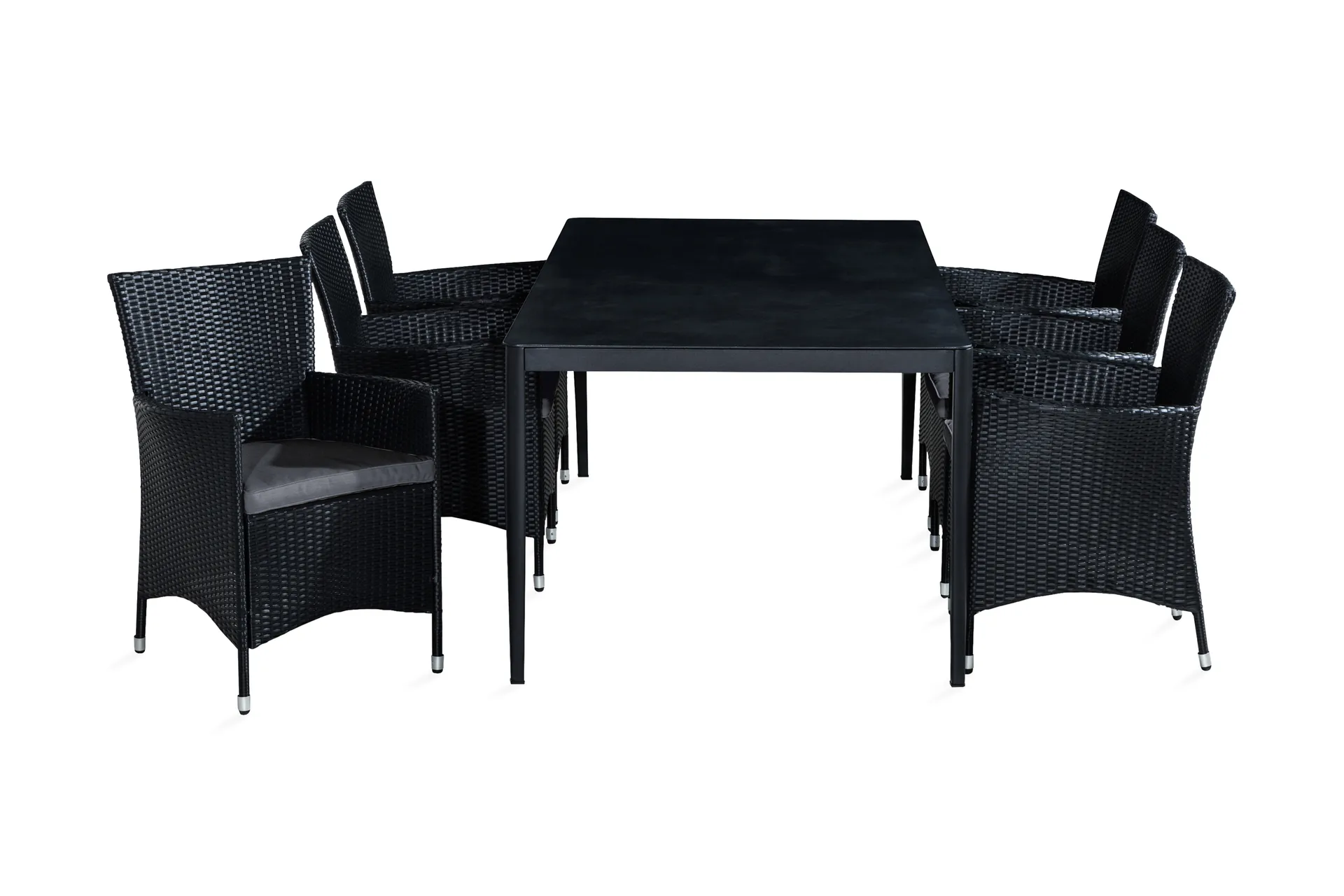 matgrupp utomhus alex 200x100 + 6 thor fåtölj m dyna - svartgrå stenlookgrå