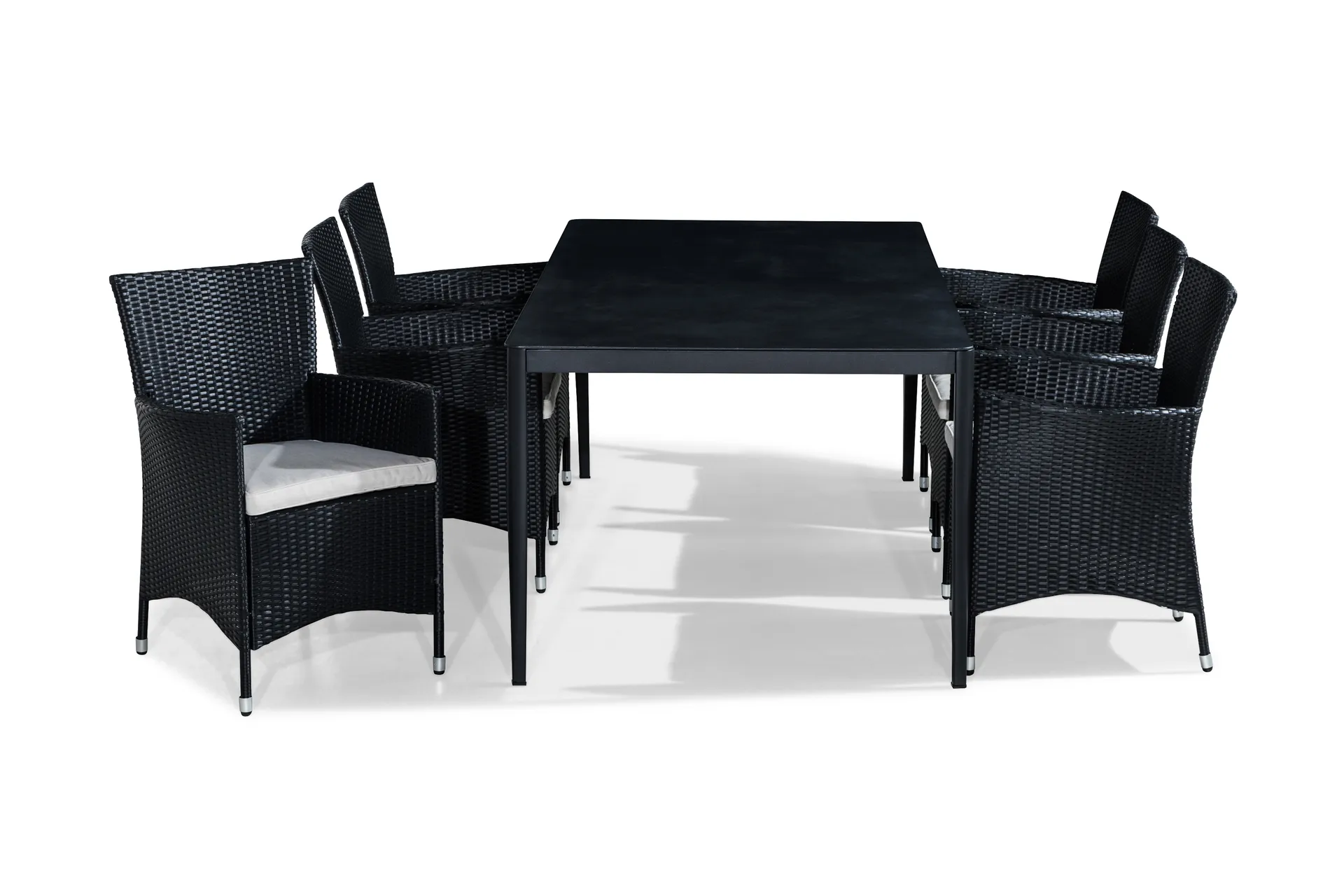 matgrupp utomhus alex 200x100 + 6 thor fåtölj m dyna - svartgrå stenlookvit