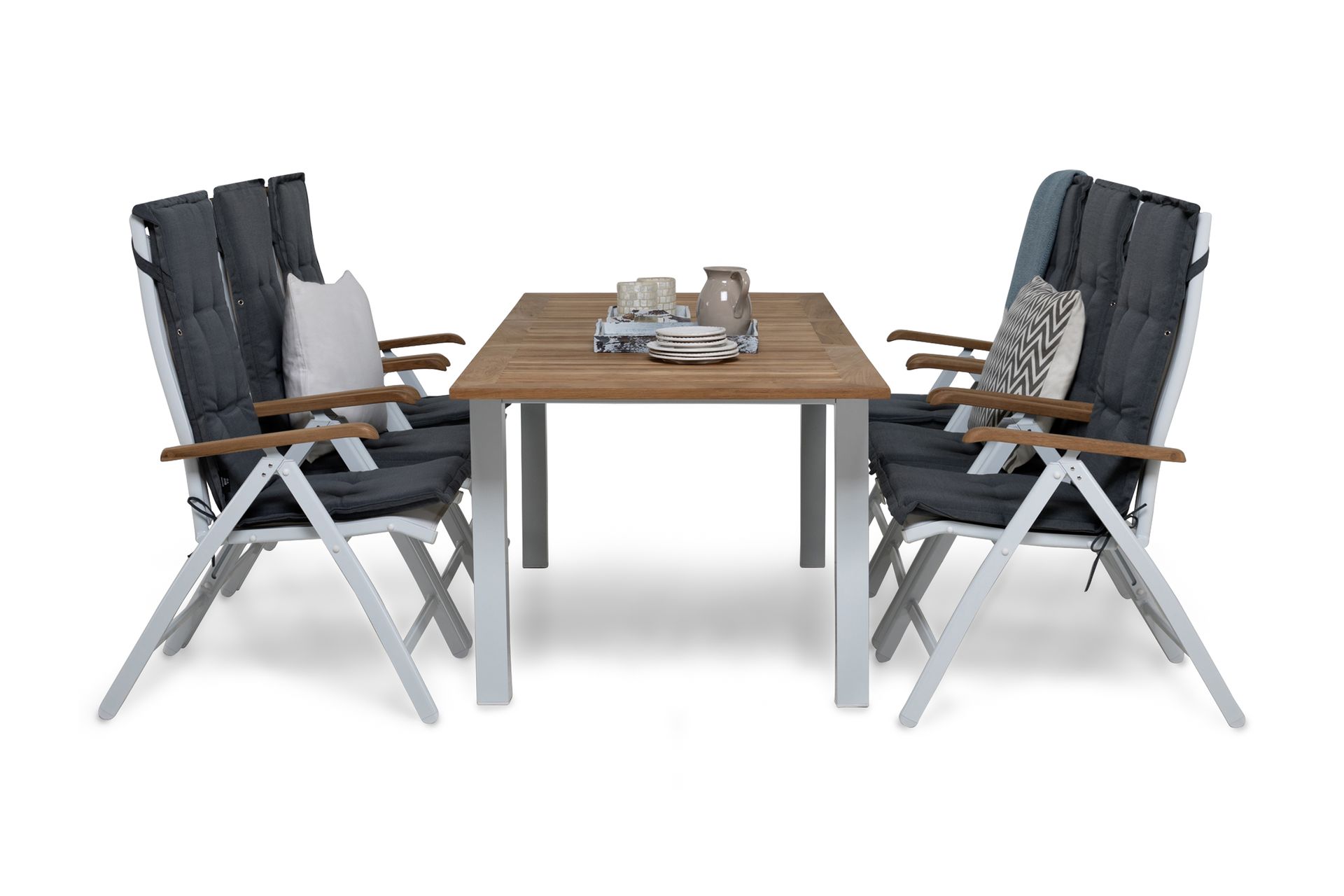 Matgrupp Utomhus Las Vegas 152-210 + 6 Positionsstol Lyx m Dyna - Vit/Teak/Vit/Teak/Gr&aring;