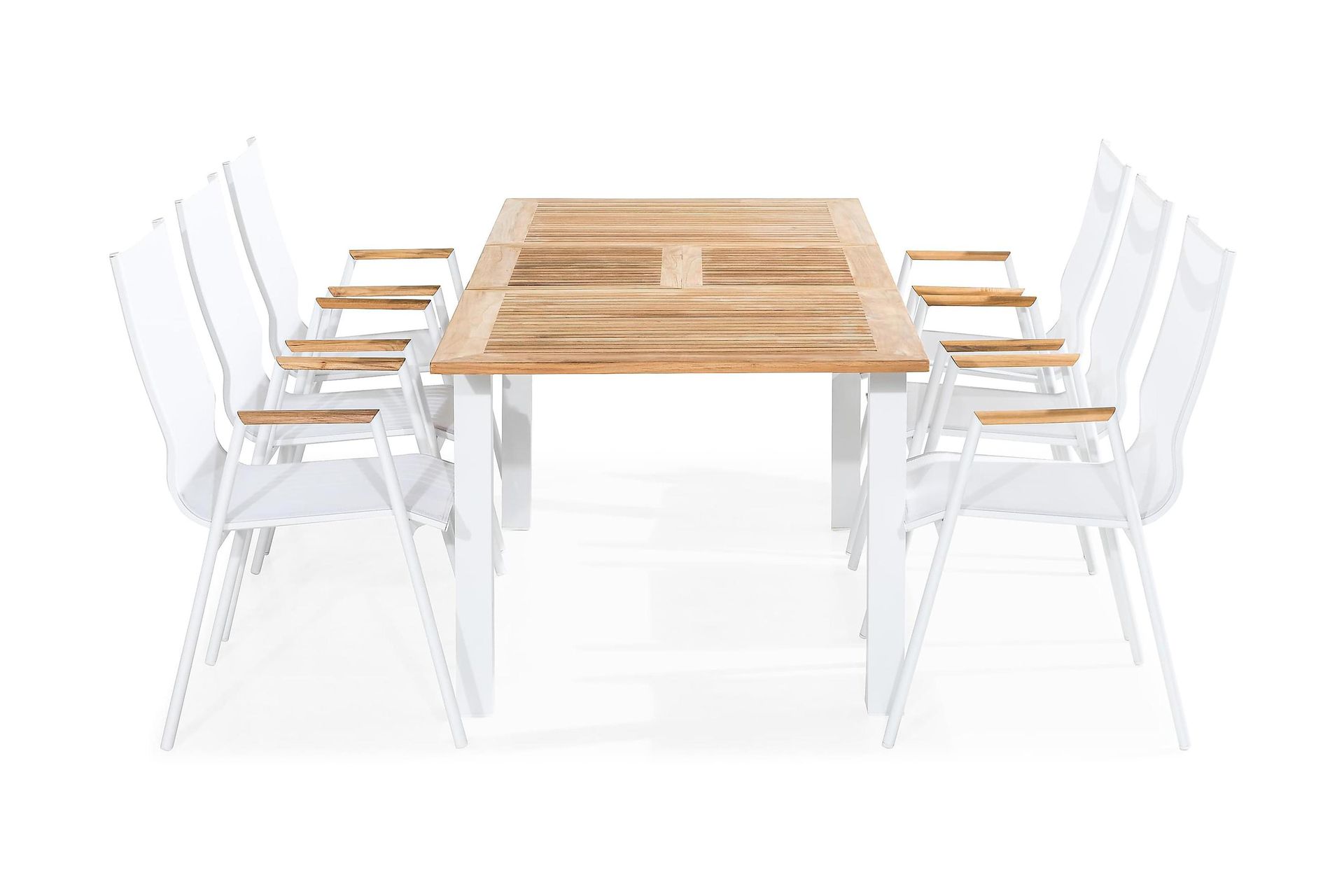 matgrupp utomhus las vegas 152-210x90 + 6 karmstolar - teak/vit