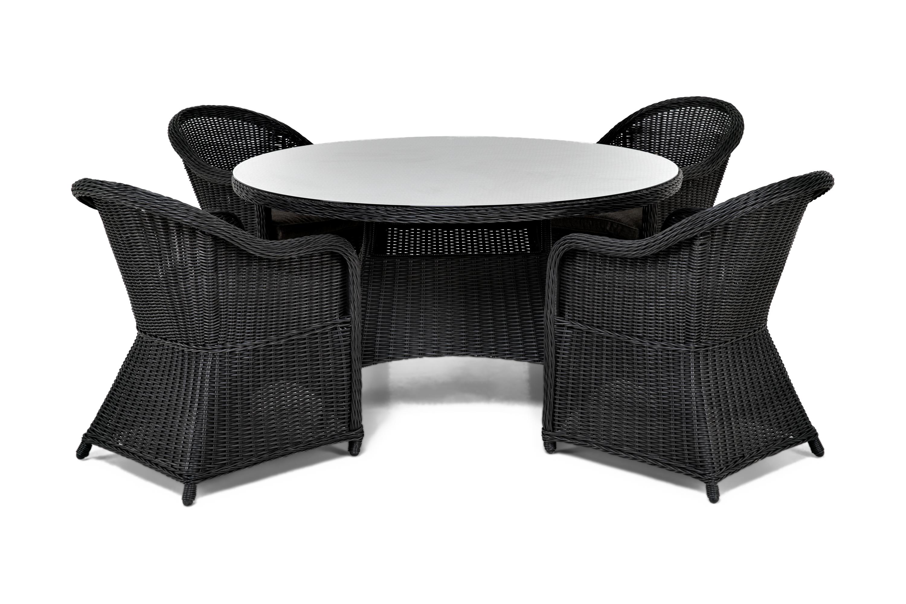 matgrupp utomhus marcus 140 rund + 4 light fåtöljer m dyna - svart