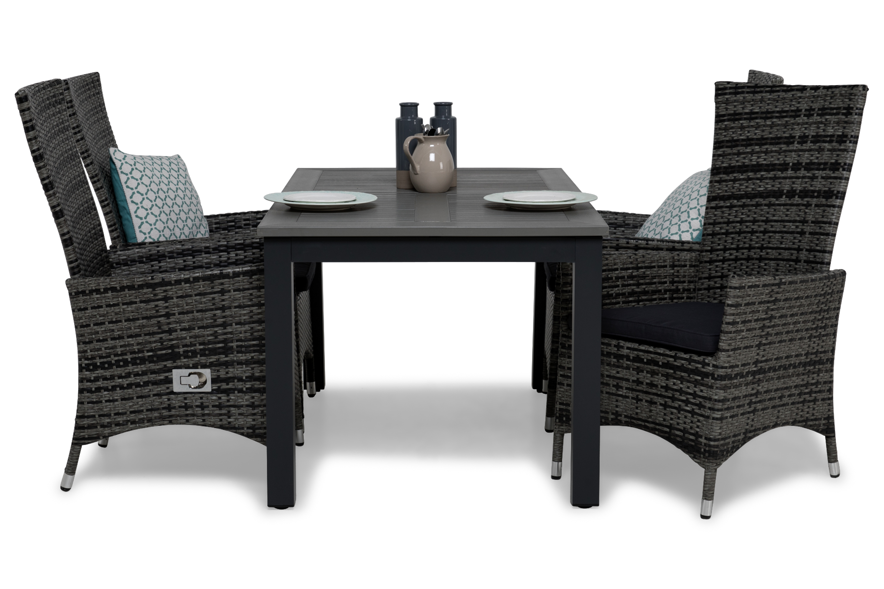 matgrupp utomhus monaco 152-210 + 4 jenny ställbar fåtölj m dyna - svartgrå